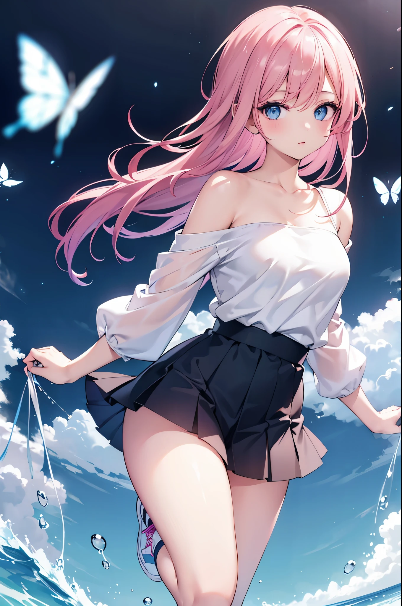 1girl, solo, nakano nino, cabello rosa, adorno de cabello de mariposa, (desnudo: 1.3), (delantal blanco), pechos grandes, escote, muslos, Coffee Fund, (rubor)