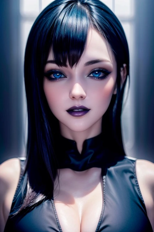 Fine detailed face perfect blue eyes pale skin gothic makeup, labios voluminosos y rosados boca abierta mostrando colmillos ,sonrisa coqueta y sexy esbelta y seductora posando grandes tetas escote 1.2