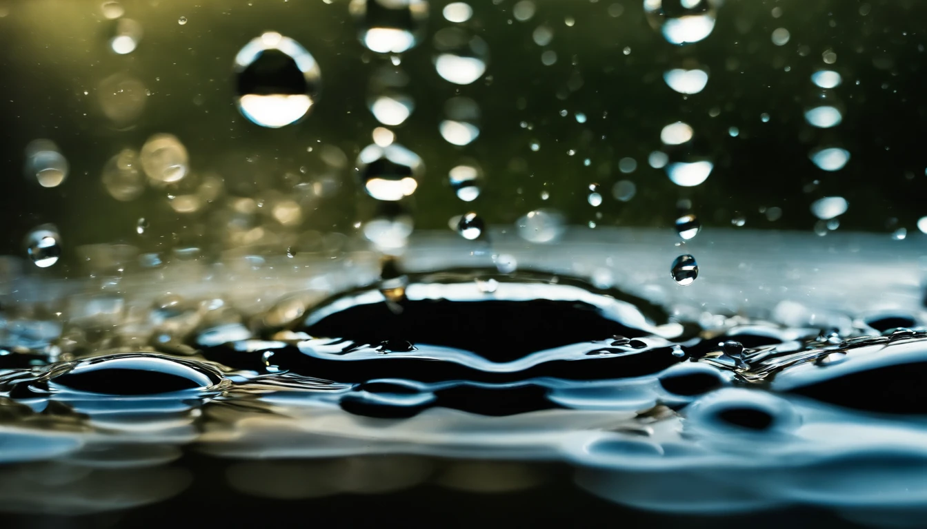 an abstract shot of water droplets on a vibrating surface, with multiple droplets creating unique and unpredictable patterns, showcasing the chaos and beauty that arises from the influence of vibration on water