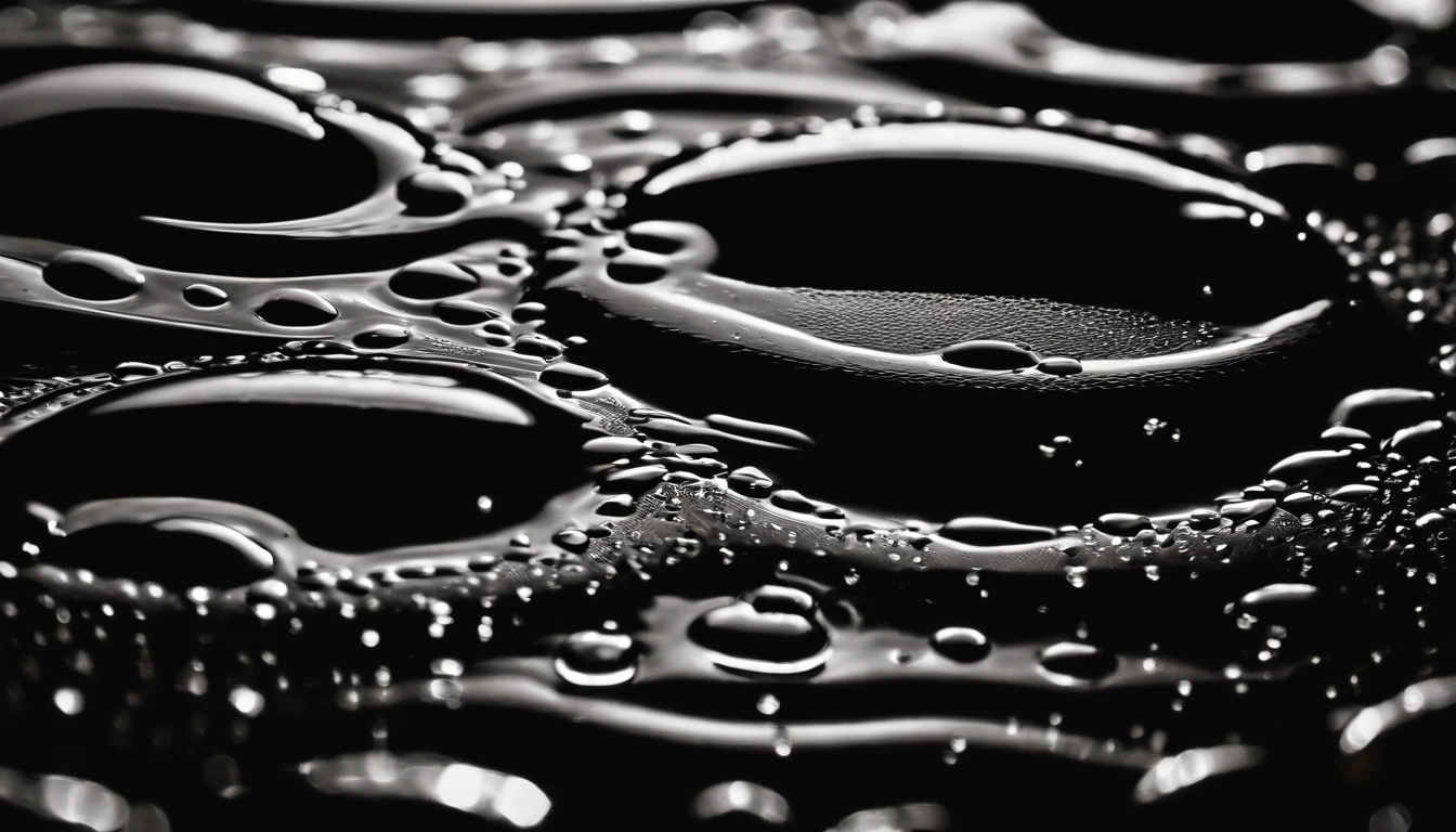 an abstract shot of water droplets on a vibrating surface, with multiple droplets creating unique and unpredictable patterns, showcasing the chaos and beauty that arises from the influence of vibration on water