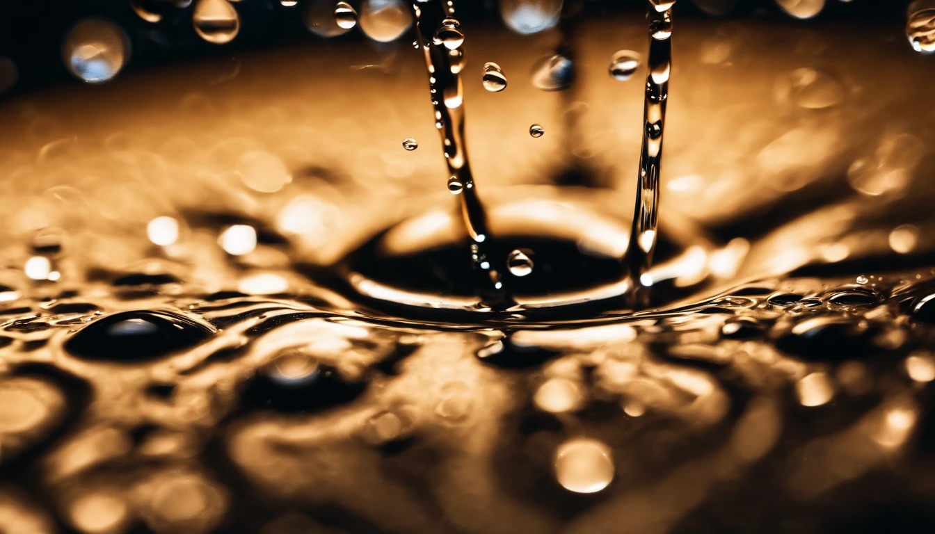an abstract shot of water droplets on a vibrating surface, with multiple droplets creating unique and unpredictable patterns, showcasing the chaos and beauty that arises from the influence of vibration on water