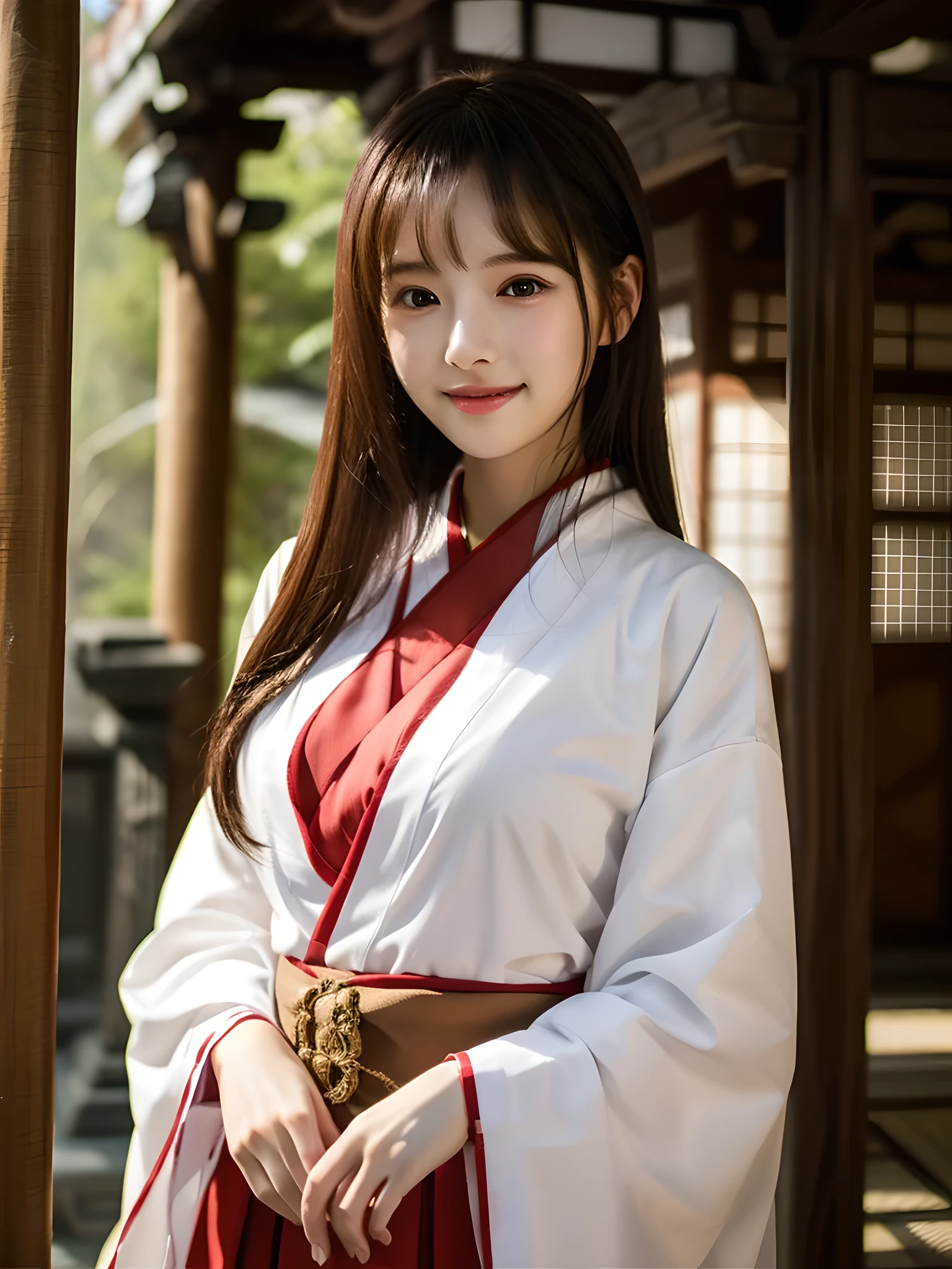 ulzzang -6500-v1.1,(masutepiece, top-quality:1.3),(Top image quality,8K:1.3),Realistic high-quality photos,top-quality,Real, Photorealistic, 8K, High resolution, BREAK 1 Japanese girl, 18 years old,Beautiful Girl, extra detail eyes, Very detailed face, Floating hair, Solo Standing, shrine maiden, shrine maiden_Clothes, Red Hakama, shrine maiden_Dress, (Black hair) Bangs, blush gentle smile, Large breasts, BREAK Outside Shrine , Detailed background,spectacular movie lighting, Octane Rendering,