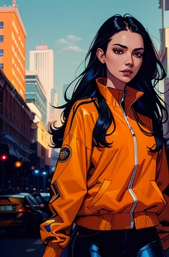 (masterpiece:1.2,best quality, beautiful woman twenty years with black long hair, wearing an orange jacket,blue pants in the city),ultra-detailed,portrait, vibrant colors,dramatic lighting, comic book style