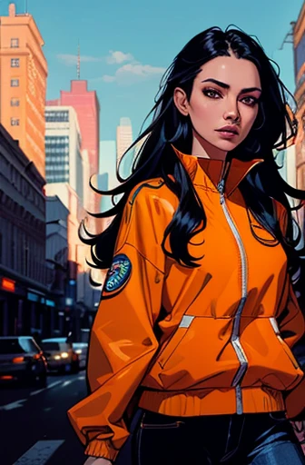 (masterpiece:1.2,best quality, beautiful woman twenty years with black long hair, wearing an orange jacket,blue pants in the city),ultra-detailed,portrait, vibrant colors,dramatic lighting, comic book style