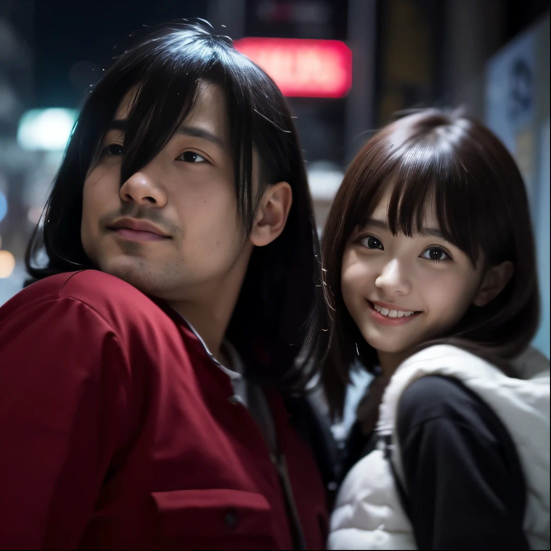 Two people standing together in the night city, japanese live action movie, still from live action movie, live action movie scene, movie promo image, trending on bbwchan, style of ssss.gridman (2018), Trending on CGSTATION, hime-cut, けもの、The man is super obese and ugly