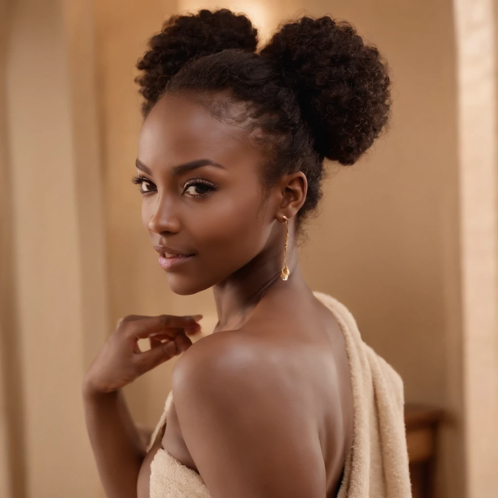 ((Very Dark African skin, Very deep ebony skin)), ((Its beauty  undeniable)), ((Excited cute face)), ((Hyper detailed perfect eyes,)), ((pose mignonne)), ((Langue sortie)), ((Seductive )), sexy, ((beige towel)), ((Afro ponytail with long African curly hair,)), (( peau)), ((debout, vue de dos)), ((toucher ses propres jambes dans une pose sexy)), ((home)), Sharp Focus CGI, photoreallistic, High detail, Realstic, Masterpiece, absurdes, Best quality, Hdr, High quality, high-definition, Extremely detailed, 8k wallpaper, Intricate details, 8K UHD, Full-HD, (photo realist:1.2), contraste, intense illumination, lighting cinematic, natural lighting, hard light, contre-jour, Illumination globale, occlusion ambiante, wearing comfortable clothes, hanging on the couch in front of the tv