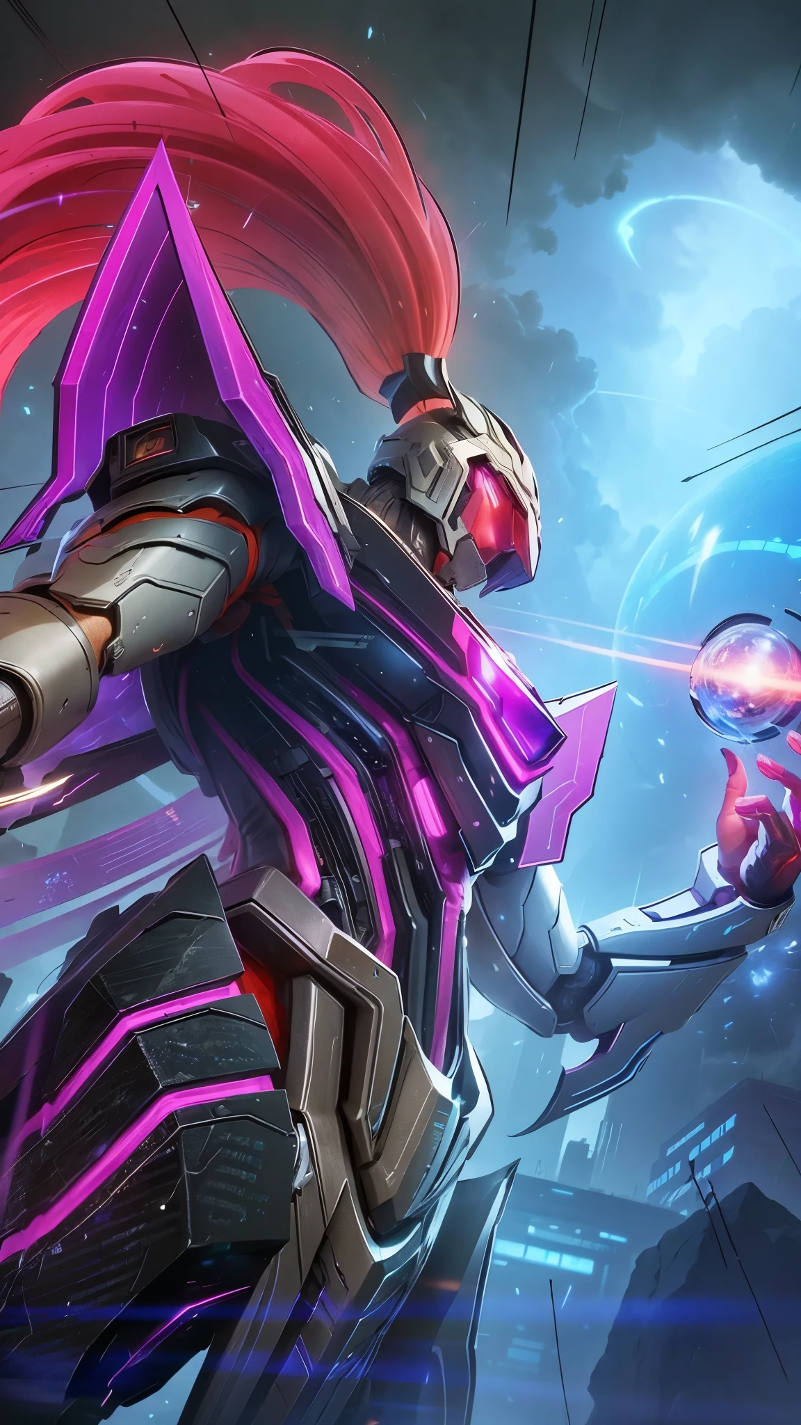 Sima Yi's purple mecha realistic version，His mind controlled the energy scythe，Behind it is an endless abyss（Draw only the upper body）