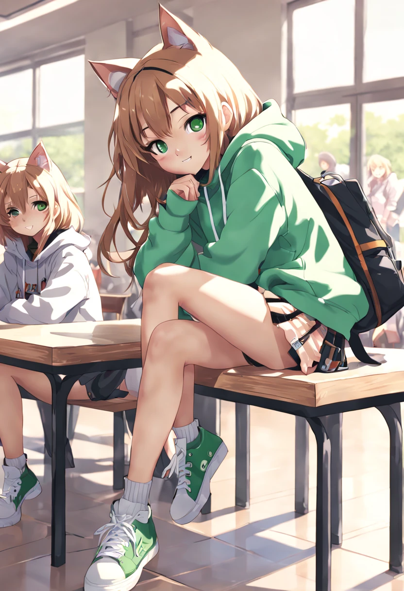 Anime Catgirl. Student, School, Friends, happy, talking, sitting on a table, legs crossed, hoodie, Streetwear, skirt, green eyes,