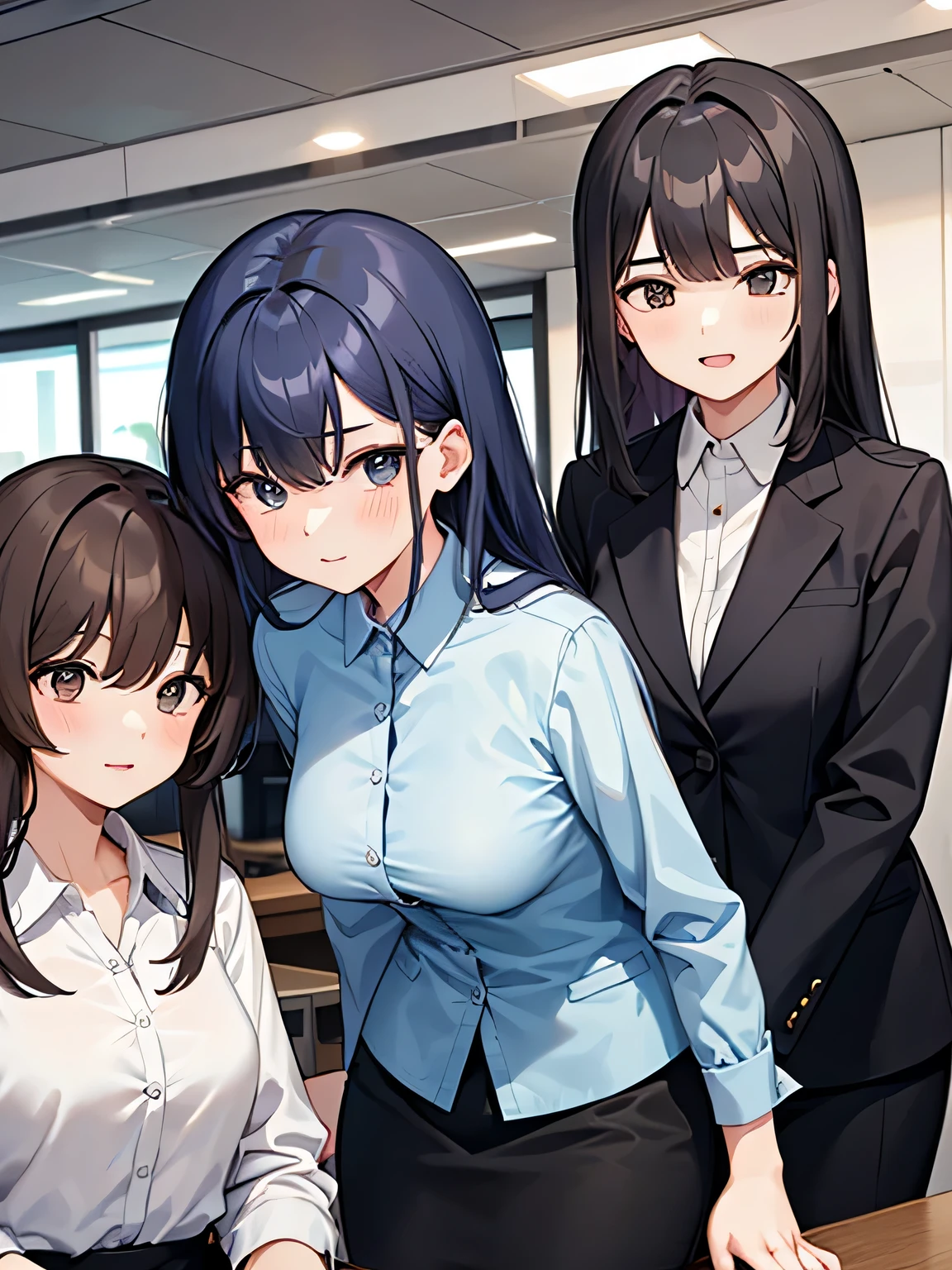 A man is surrounded by three office ladies.。One of the three women is a male senior.、One is a male colleague、One is a male junior.。The man is wearing a suit and looks nervous..。The location is the office。