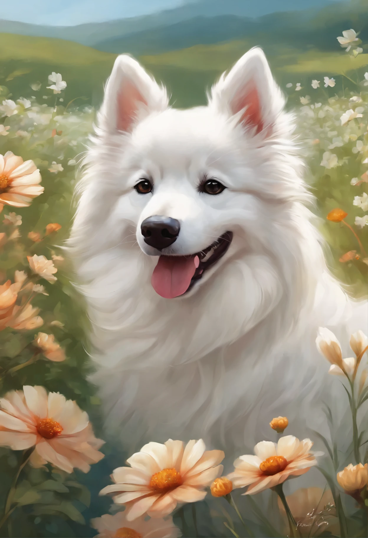 Painting of a white dog with a wide smile in a flower field, full art, adorable digital painting, portrait of Ahri, very very beautiful furry art, Samoyed Dog, cute detailed digital art, Card art, Yang J, artgerm detailed, painting of cute dog, detailed painting 4 k, extremely detailed artgerm, full art illustration