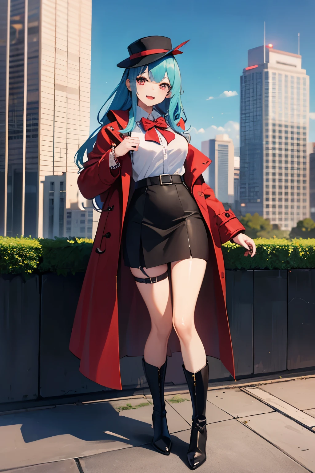 1girl, blue_hair,boots,breasts,full_body,knee_boots,long_hair,long_sleeves,looking_at_viewer,open_mouth,red_eyes,smile,solo,thigh_strap,white shirt, suspender skirt, bow tie, coat, black coat, turquoise hair, thigh belt, skirt that goes up below the chest, tight skirt, building,city,city_lights,cityscape,scenery,sky,skyscraper, Fascinator hat