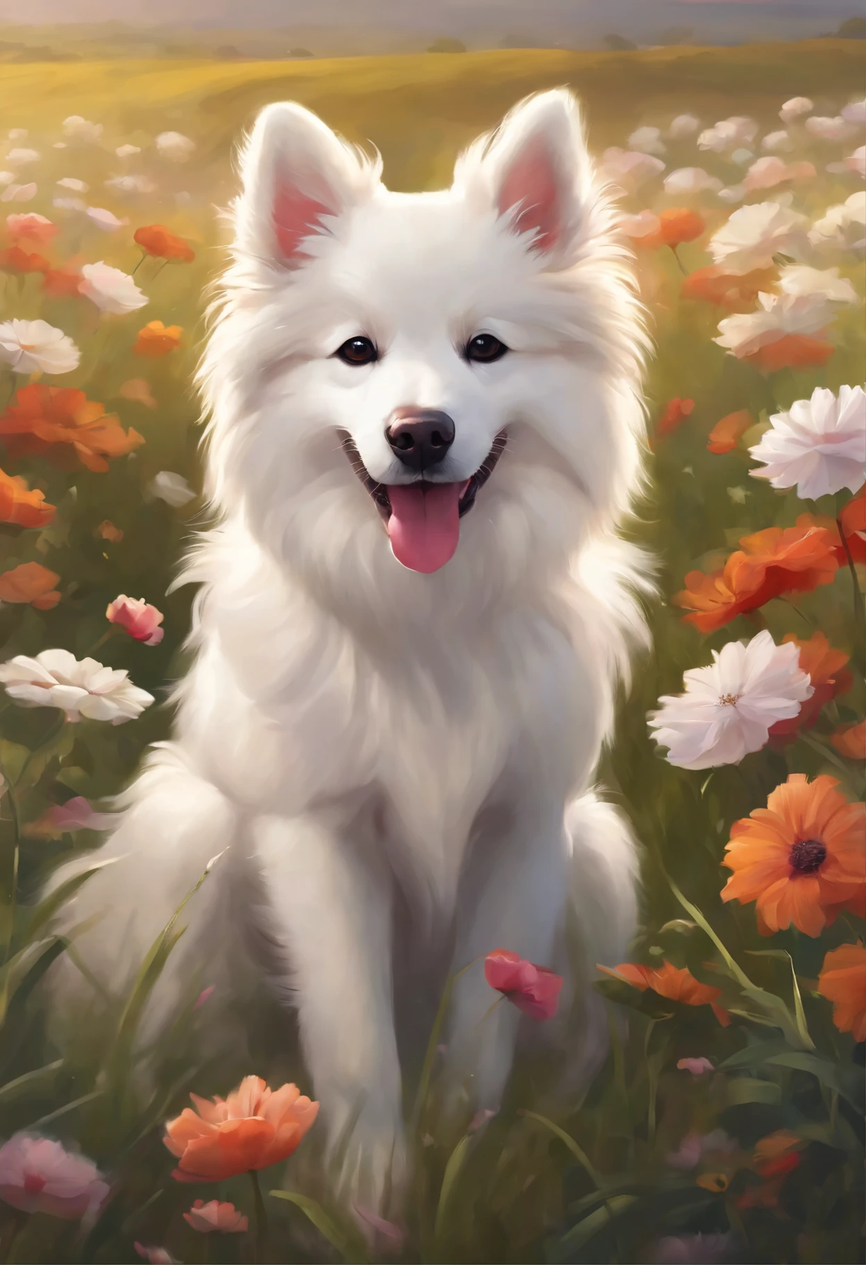 Painting of a white dog with a wide smile in a flower field, full art, adorable digital painting, portrait of Ahri, very very beautiful furry art, Samoyed Dog, cute detailed digital art, Card art, Yang J, artgerm detailed, painting of cute dog, detailed painting 4 k, extremely detailed artgerm, full art illustration