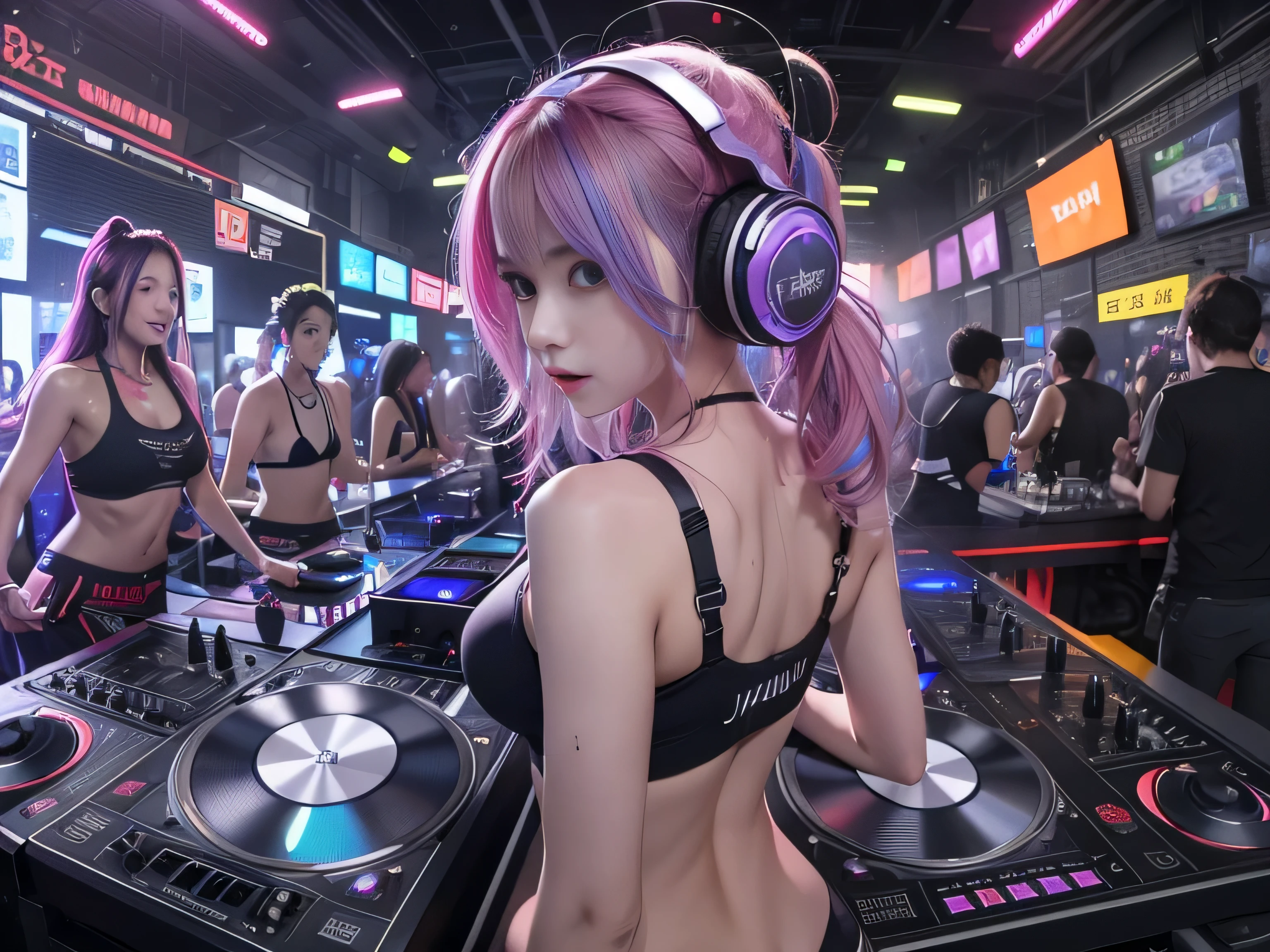 Best quality, (masterpiece), best detail face,1 girl, big breasts, 18 yo, 8k,absurdres,unity 8k wall paper,(extremely detailed:1.3), highest realistic, (retro headphones:), (soft neon light:), (psychedelic), Her room full of music equipment and records, sports wear , See the whole room , dark yellow color pallet, pony tail hair
