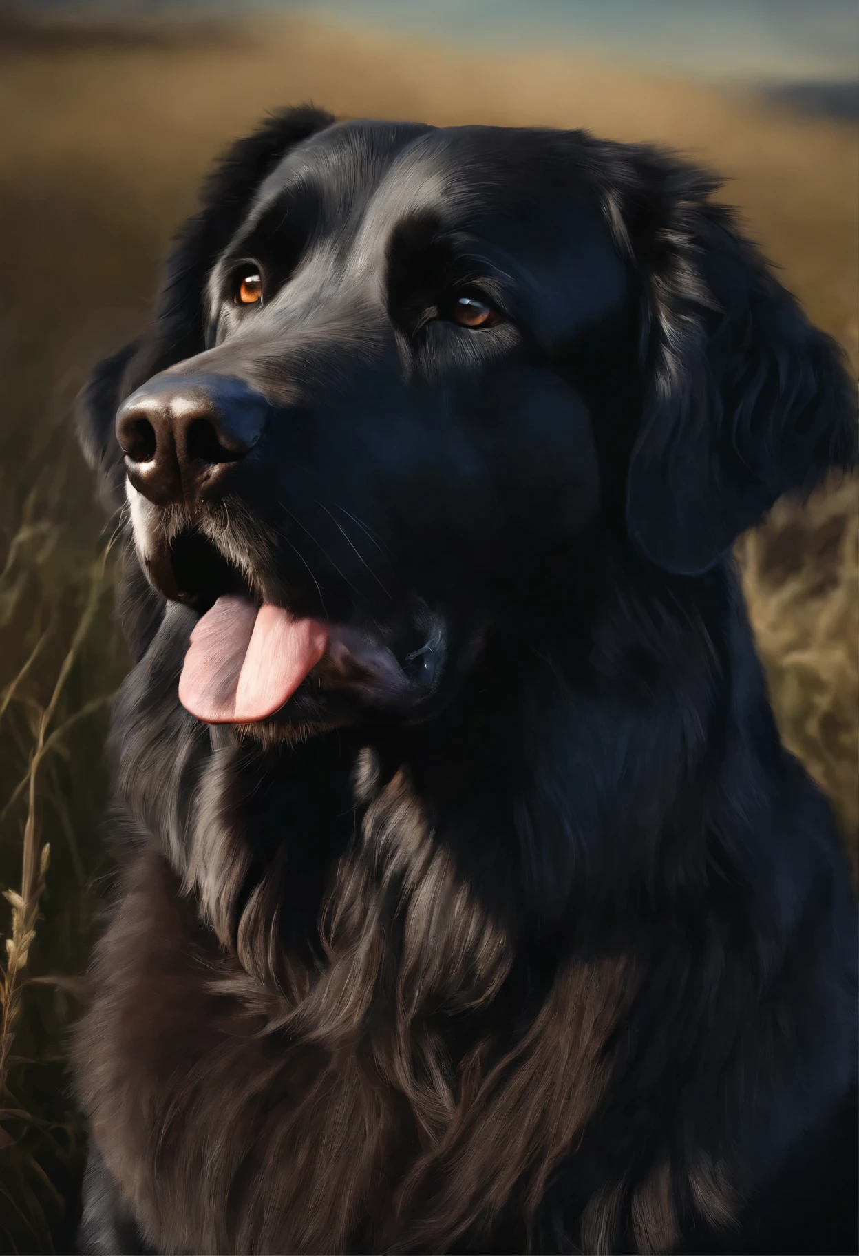 black dog image, sitting in the field, digital painting highly detailed, very detailed close-up portrait, Portrait of a large dark dog, highly detailed portrait, painted Portrait of the stern Zeus, detailed portrait, Highly detailed photo portrait, painted portrait of rugged odin, highly-detailed illustration, Matte illustration, Portrait of the stern Zeus, High Quality Portrait, Drawn with Photoshop