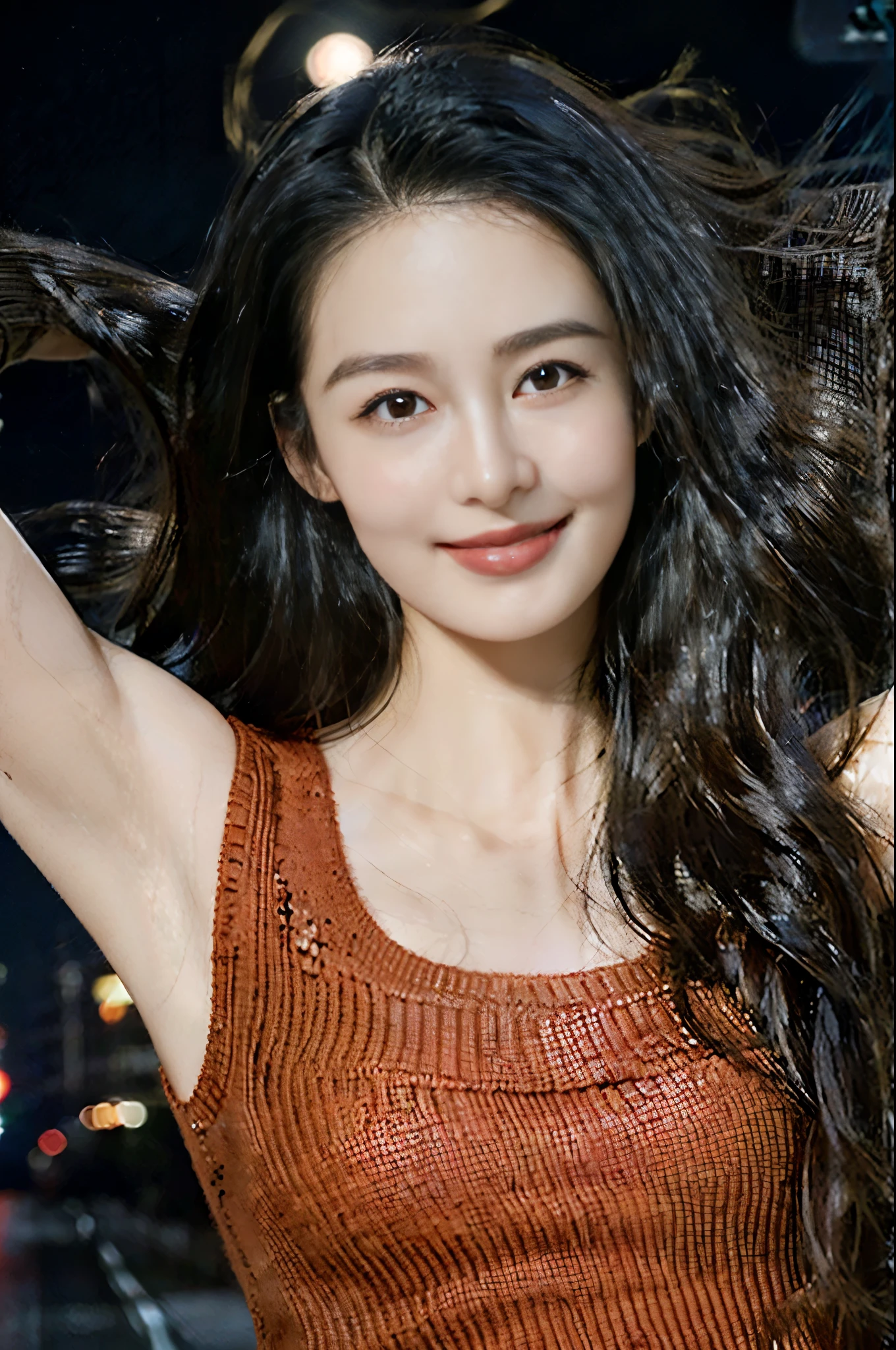((((8k))),((Extremely meticulous CG)) ,(wallpaper),16k,((Extremely refined and beautiful))，(((Masterpiece))),(((best qualtiy))),(((Ultra High Resolution))),beautiful light up,Perfect lightning,realistic shaded,[A high resolution],(Smooth and flawless fair skin:1.5),(pale skin:1.3),Extremely exquisite facial details,(perfect body：1.1),ultra - detailed,A beautiful girl,solo,small head,(long curly hair:1.1),(Hair fluttering:1.1),small face,Exquisite makeup,(small breasts:1.1),flat chests,slim,thin,happy,(Smile:1.2),(Red high collared sleeveless sweater:1.3),(Raise arms up:1.2),(hairy armpits:1.2),(night scene:1.5),outdoor,(on the Hongkong street:1.2),winter,(detailed background:1.5),standing,(close-up of face:1.2),(from front:1.2)