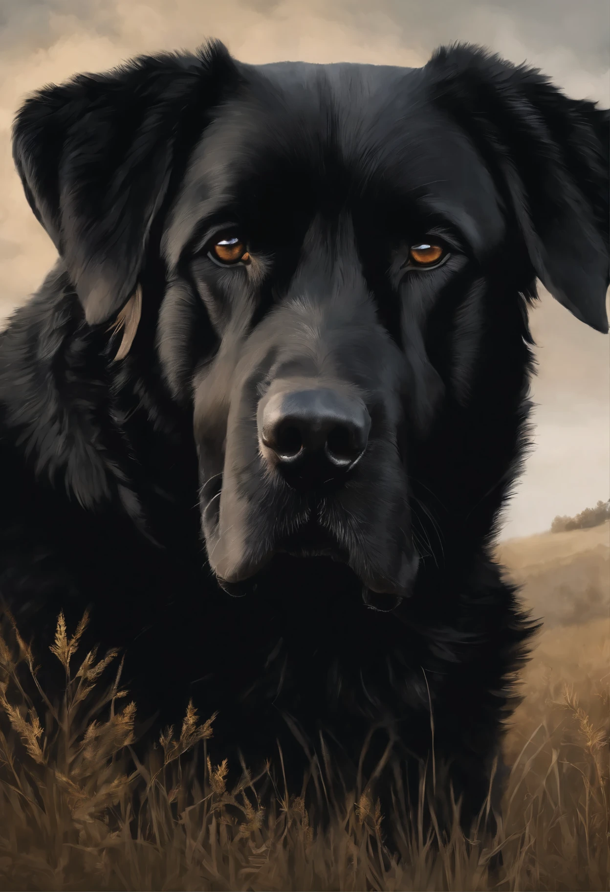 black dog image, sitting in the field, digital painting highly detailed, very detailed close-up portrait, Portrait of a large dark dog, highly detailed portrait, painted Portrait of the stern Zeus, detailed portrait, Highly detailed photo portrait, painted portrait of rugged odin, highly-detailed illustration, Matte illustration, Portrait of the stern Zeus, High Quality Portrait, Drawn with Photoshop