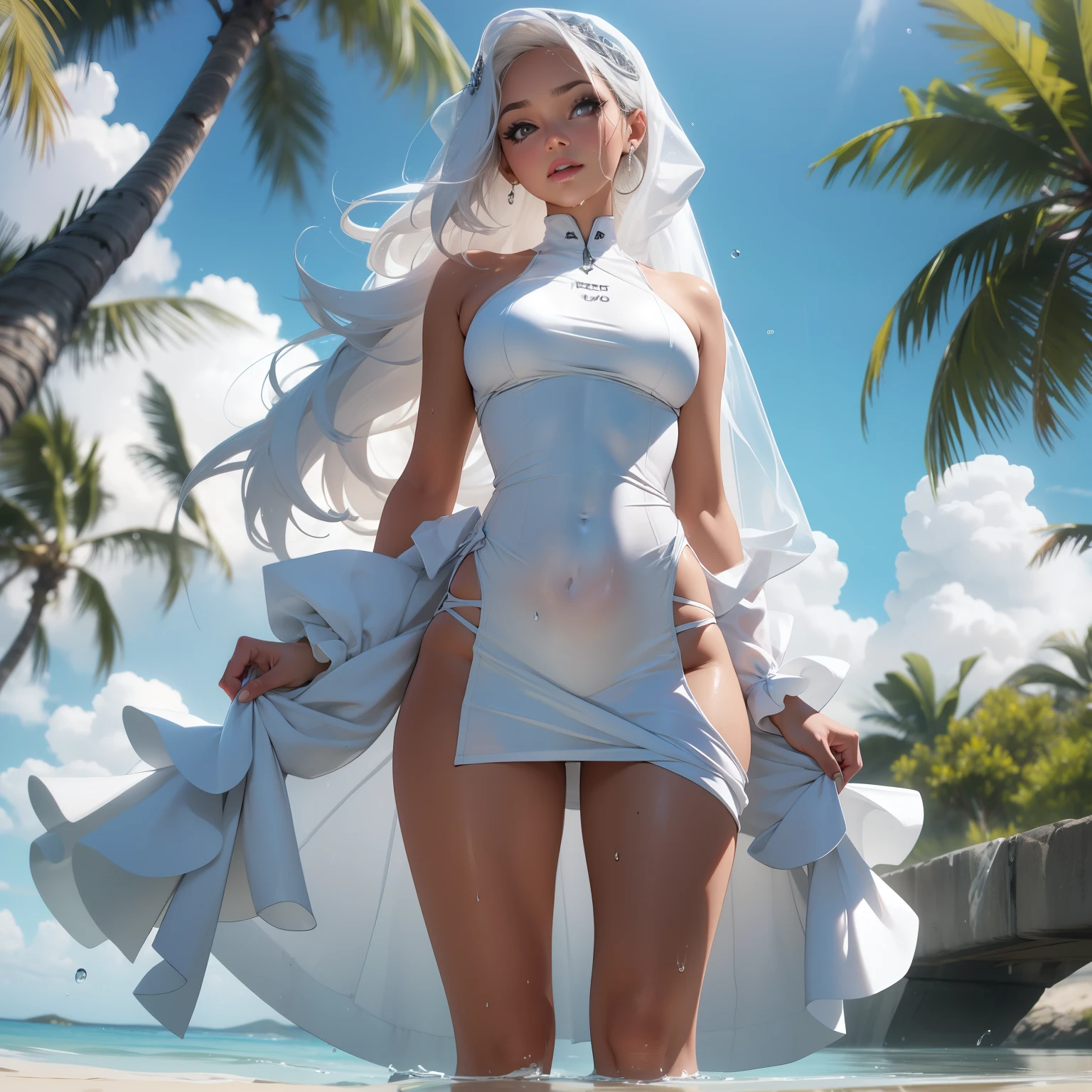 quality,busty figure,squatt,legs separated,Facing the lens,Wet white transparent gown,cabelos preto e longos,White-colored skin,sweat leggs