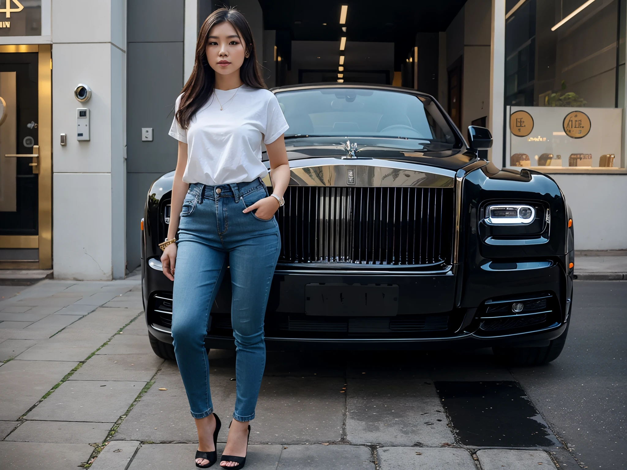 A beautiful vietnamese woman wearing long fashionable jeans pant. She is standing on the street, next to a Rolls-Royce Phantom. Full body