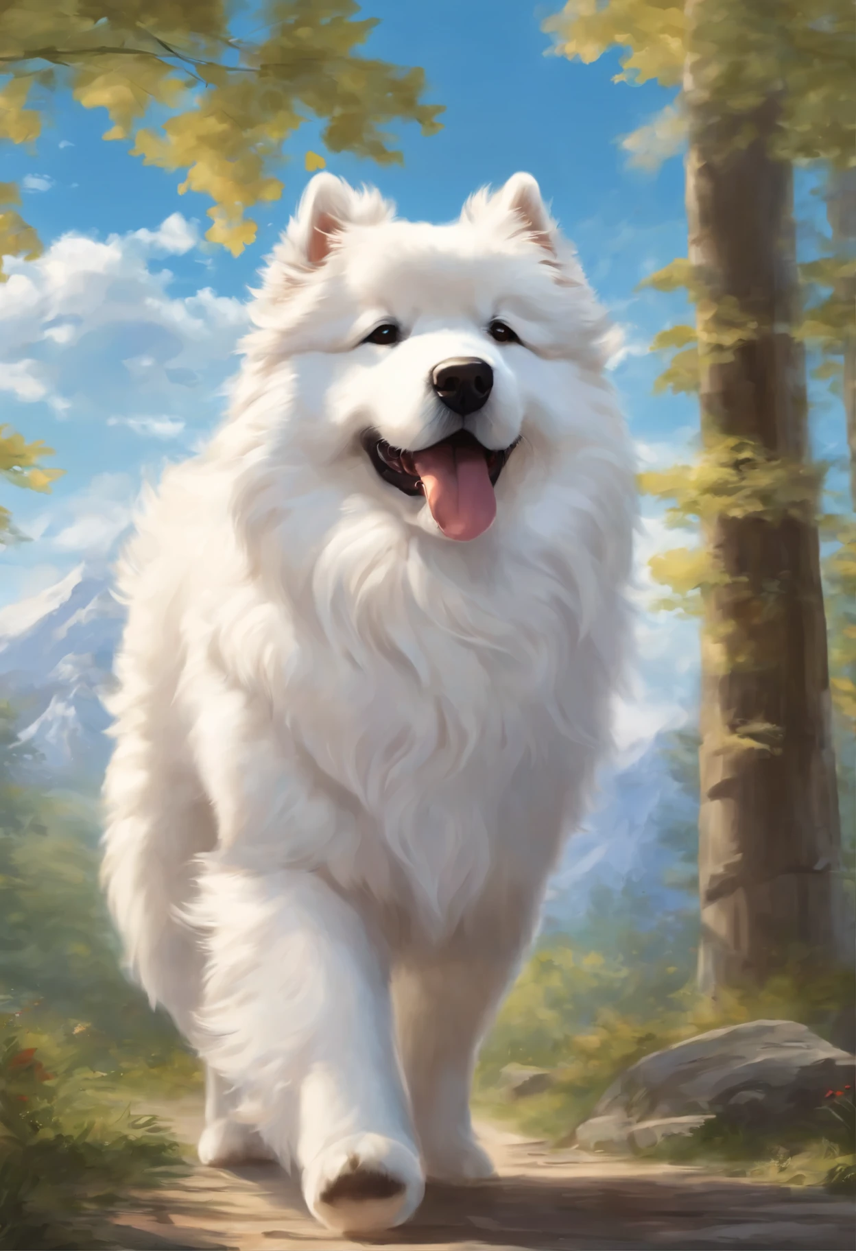 Close-up of a Samoyed dog, Color (white fluffy) runs a race with the clouds, собака породы самоед runs a race with the clouds, fluffy clouds, casimir art, illustration of shigenori soejima, boris valejo. Smiling Samoyed, Detailed drawing of an anime character, подробный anime key figure, Granblue Fantasy, Beautiful black Russian terrier in the art of demon slayer, Taisho Roman, A clear portrait of an RPG, Masamune Shiro, anime key figure