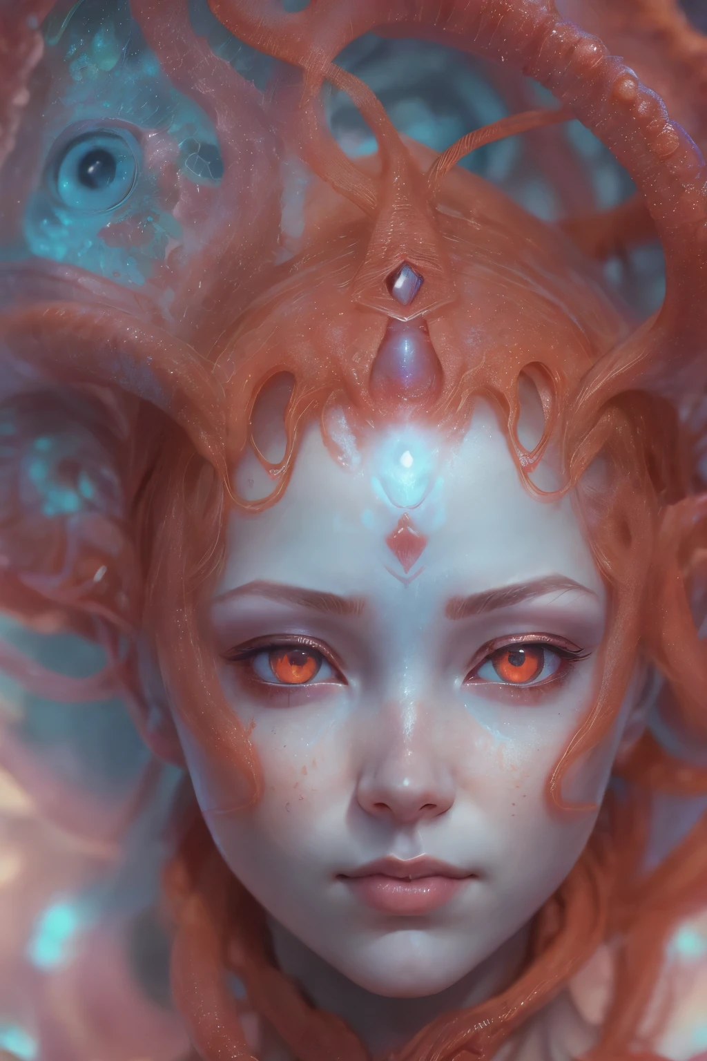 Portrait, (beautiful female alien:1.2), (There is a female genital-like organ in the middle of the forehead.:1.8), (The most beautiful face in the history of the universe:1.2), (Scarlet eyes that shine mysteriously:1.6), (Translucent skin:1.8), an evil gaze that seduces, (red eyes:1.5), (large mouth:1.1), sharp teeth like a shark, Full body like, (bio luminescent:1.2), (Smile wickedly:1.3), (sexypose:1.5), alien, No humans, cells are fused, (Lots of translucent tentacles:1.1) (Translucent skin:1.3), extraterrestrial, cell, bio image, Best Quality, 8K,4K_quality, High Definition, Dramatic Lighting, masutepiece:1.5,cinematic quality, detail up, (Intricate details:1.2), High resolution, High Definition, drawing faithfully, (Thick eyebrows:1.2), Beautiful eyes with fine symmetry, (Ultra detailed eyes:1.2),(Highly detailed face and eyes:1.2), (High-resolution red-eye:1.4), Intimate face, (Super detailed skin quality feeling:1.4), Perfect Anatomy, (Beautiful toned body:1.5), (Moist skin:1.2), No makeup, (dark circles:1.1), long canines, cinematic drawing of characters, ultra high quality model, cinematic quality, detail up, (Intricate details:1.2), High resolution, High Definition, drawing faithfully, Official art, Unity 8K wall , 8K Portrait, Best Quality, Very High resolution, ultra detailed artistic photography, midnight aura, unreal enginee 5, Ultra Sharp Focus, art by alberto seveso, ArtGerm, Roisch, intricate artwork, best quality, masutepiece, ultra High resolution, (photos realistic:1.4), Ultra-realistic realism, dream-like, nautilus, Creation of fantasy, Snail, Dream Snail, biopunk nautilus, Thrilling color schemes, Ultra-realistic realism, seductively smiling, Blue tentacles