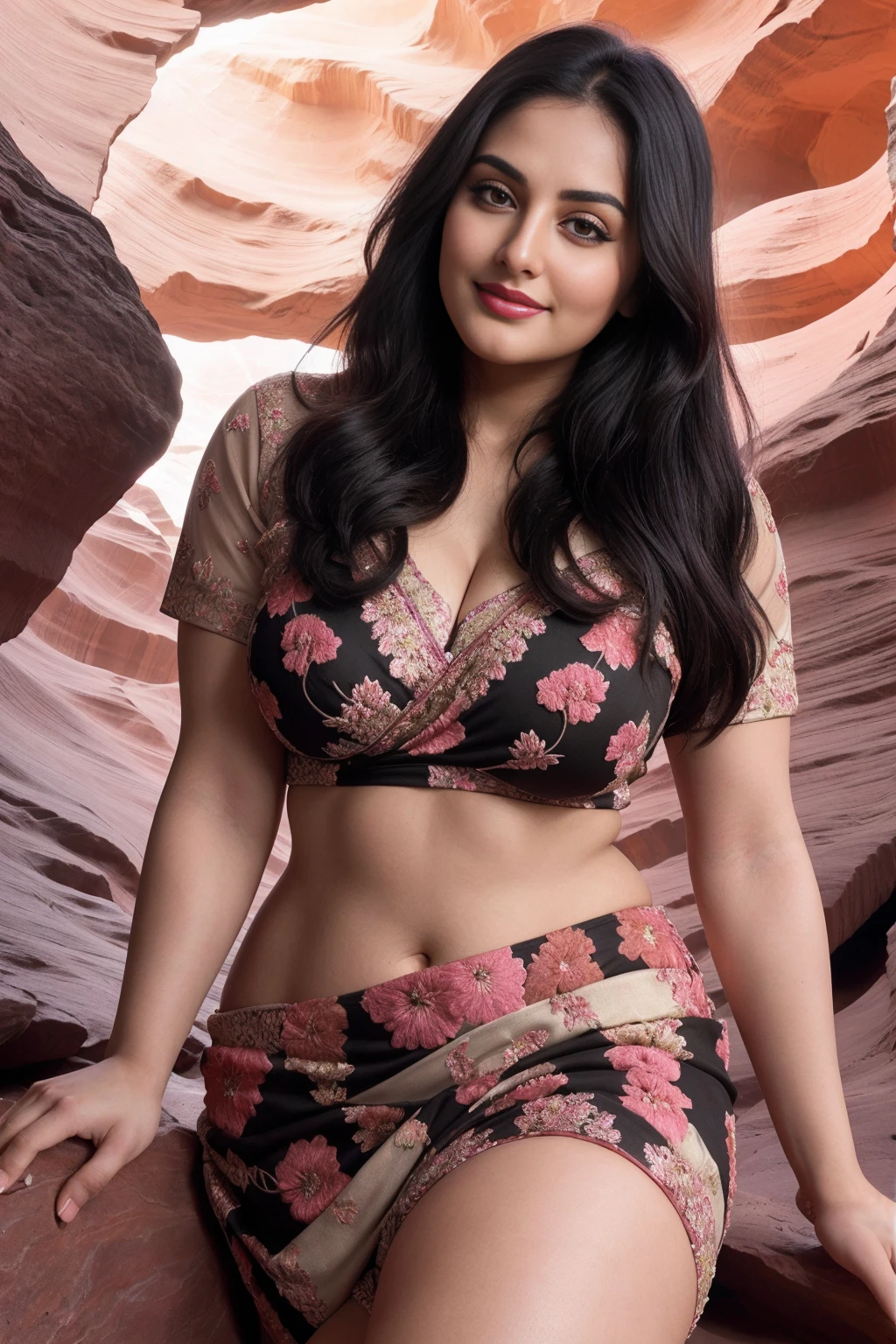 Jaya Prada 28 years old beautiful different cute Indian girl face, big bulky m-cup breast, curvy plus size body figure, Floral Bouquet Designs Embroidery different colorful t-shirt, Wearing a premium Floral Bouquet Designs Embroidery saree, different hairstyle, bright eyes, thin eyebrows, fair skin, blushing cheeks, head to thigh close up view, smiling face, ultra realistic skin texture, Straight front view standing, beautiful different Antelope Canyon, Arizona, USA background, ultra realistic, close up head to thigh view, black hair, Provocative eye Contact, glossy lipstick, attractive eye contract face, big bulky breast, lighting shadows effect