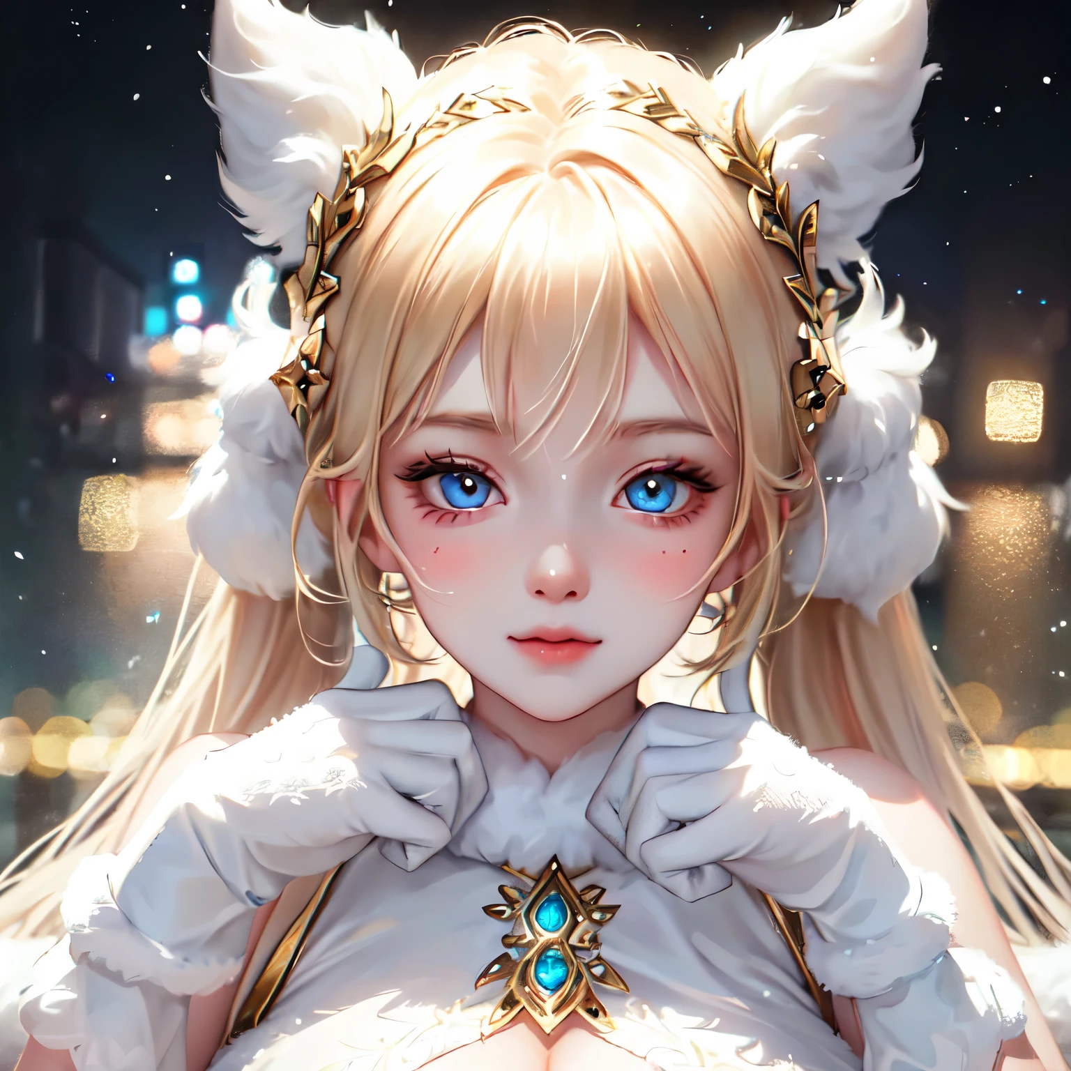 (Ultra-Detailed:1.2) + (Ultra-Glowing:1.2) + (Ultra-Reflections:1.2), (8K, Best Quality, Face Close-Up), (Masterpiece:1.2), (Illustration:1.2), (Shiny Skin), (Cinematic Lighting), 1Girl, (Glowing Detailed Winter Night Background:1.2), (Glowing Eyes, Cute Red Blush), (Two Pigtails, Blonde Hair), (Pinterest Trends, DeviantArt Trends), (Delicate Detailed), (Intricate Details), Octane Render, (White Glowing Accessories), (Gorgeous White Look:1.2), (Fluffy White Gloves:1.2), (Cute Pose)