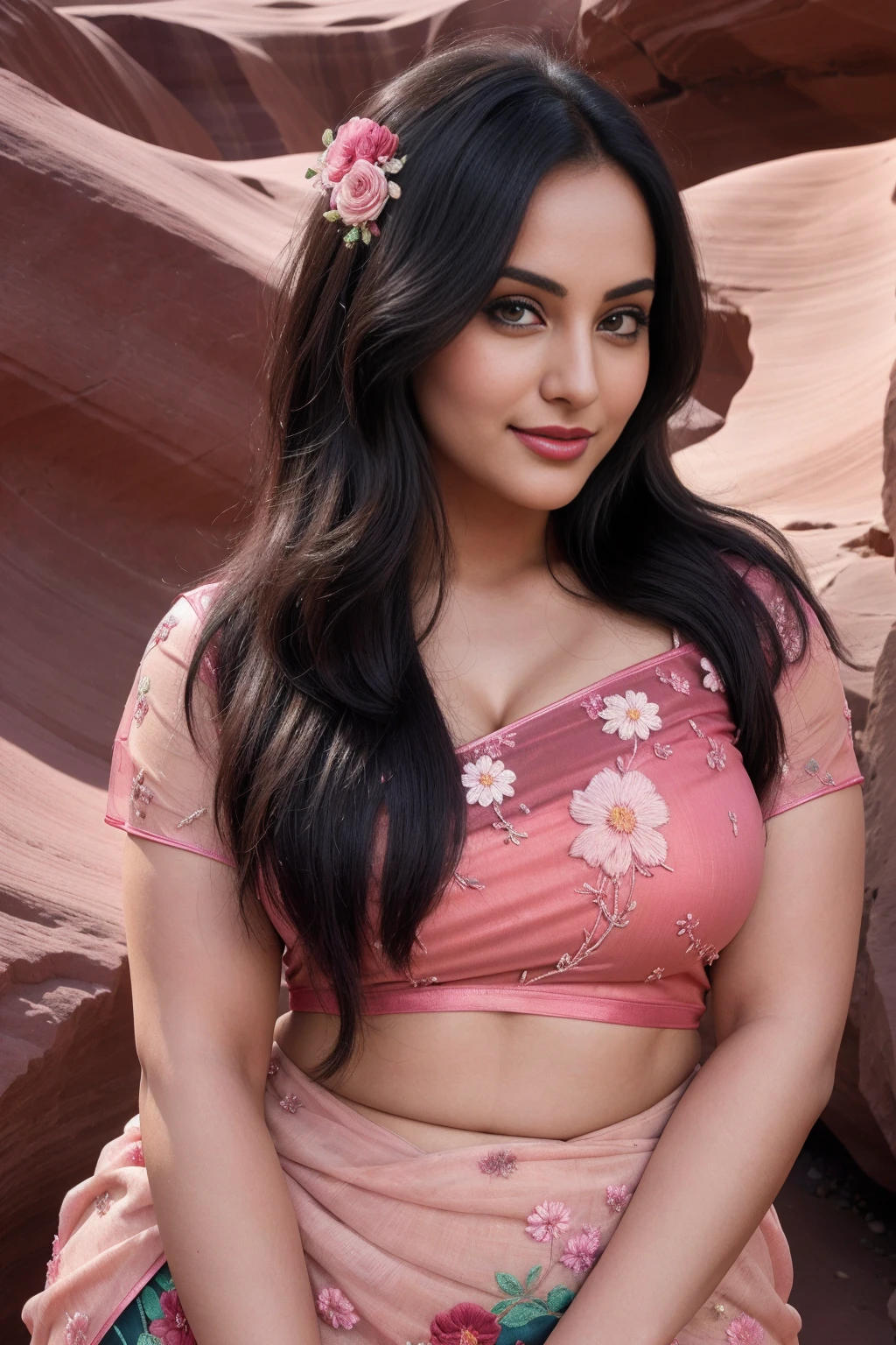 Jaya Prada 28 years old beautiful different cute Indian girl face, big bulky m-cup breast, curvy plus size body figure, Floral Bouquet Designs Embroidery different colorful t-shirt, Wearing a premium Floral Bouquet Designs Embroidery saree, different hairstyle, bright eyes, thin eyebrows, fair skin, blushing cheeks, head to thigh close up view, smiling face, ultra realistic skin texture, Straight front view standing, beautiful different Antelope Canyon, Arizona, USA background, ultra realistic, close up head to thigh view, black hair, Provocative eye Contact, glossy lipstick, attractive eye contract face, big bulky breast, lighting shadows effect