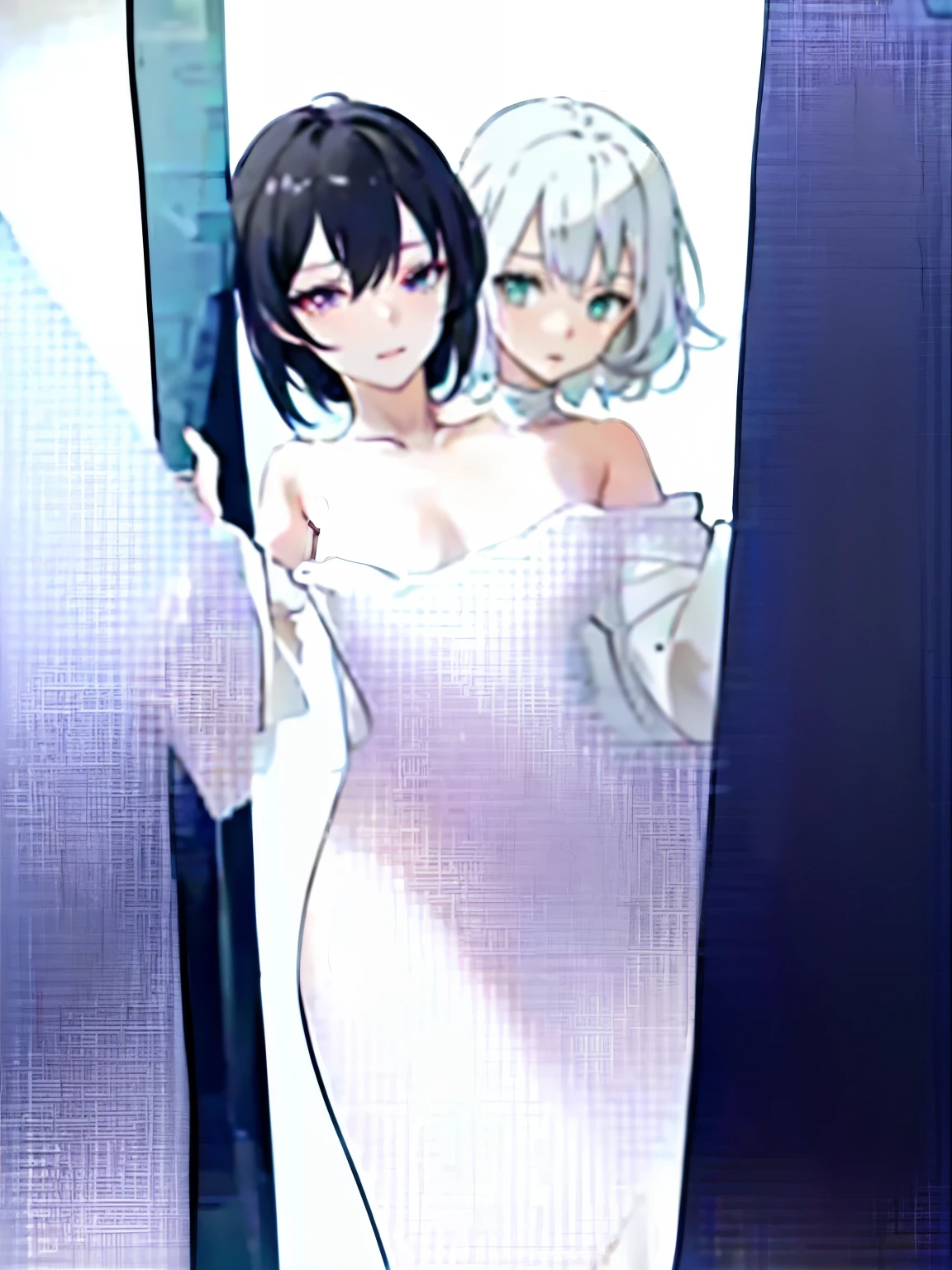 anime girl in white lingerie posing in front of a window, fine details. girls frontline, white haired deity, in dress, seductive anime girl, beautiful alluring anime woman, from girls frontline, small curvy lolirfect white haired girl, revealing clothes, shikamimi, white haired lady, anime barbie in white stockings, ((wearing aristocrat robe)), (two heads)