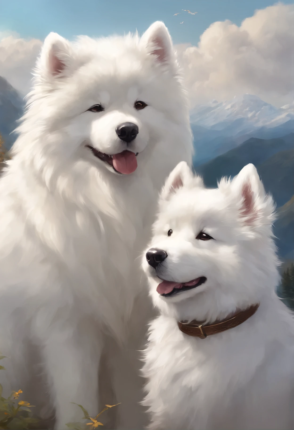 Close-up of a Samoyed dog with a girl looking at the mountains and clouds,  Color (white fluffy) runs a race with the clouds, собака породы  самоед runs a race with the clouds, fluffy clouds, casimir art, illustration of shigenori soejima, boris valejo. Smiling Samoyed, Detailed drawing of an anime character, подробный anime key figure, Granblue Fantasy, Beautiful black Russian terrier in demon slayer art, Taisho Roman, A clear portrait of an RPG, Masamune Shiro, anime key figure