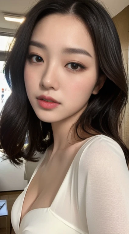 A woman with the same face as last time，４Ｋ、１Man Woman、A slender、 Loose wavy styling, Ecstatic expression,Woman wearing a sheer top and posing for a photo, see - through, Open V chest clothes, see through dress, beautiful , Nipples erect、Translucent body, see through, no-bra、Revealing clothes, translucent  dress, smooth translucent white skin, sexy dress,  perfectly proportions, 、captivating and enticing、full bodyesbian、Including face and skin texture.，Detailed eyes、Seducting look、camera back shot