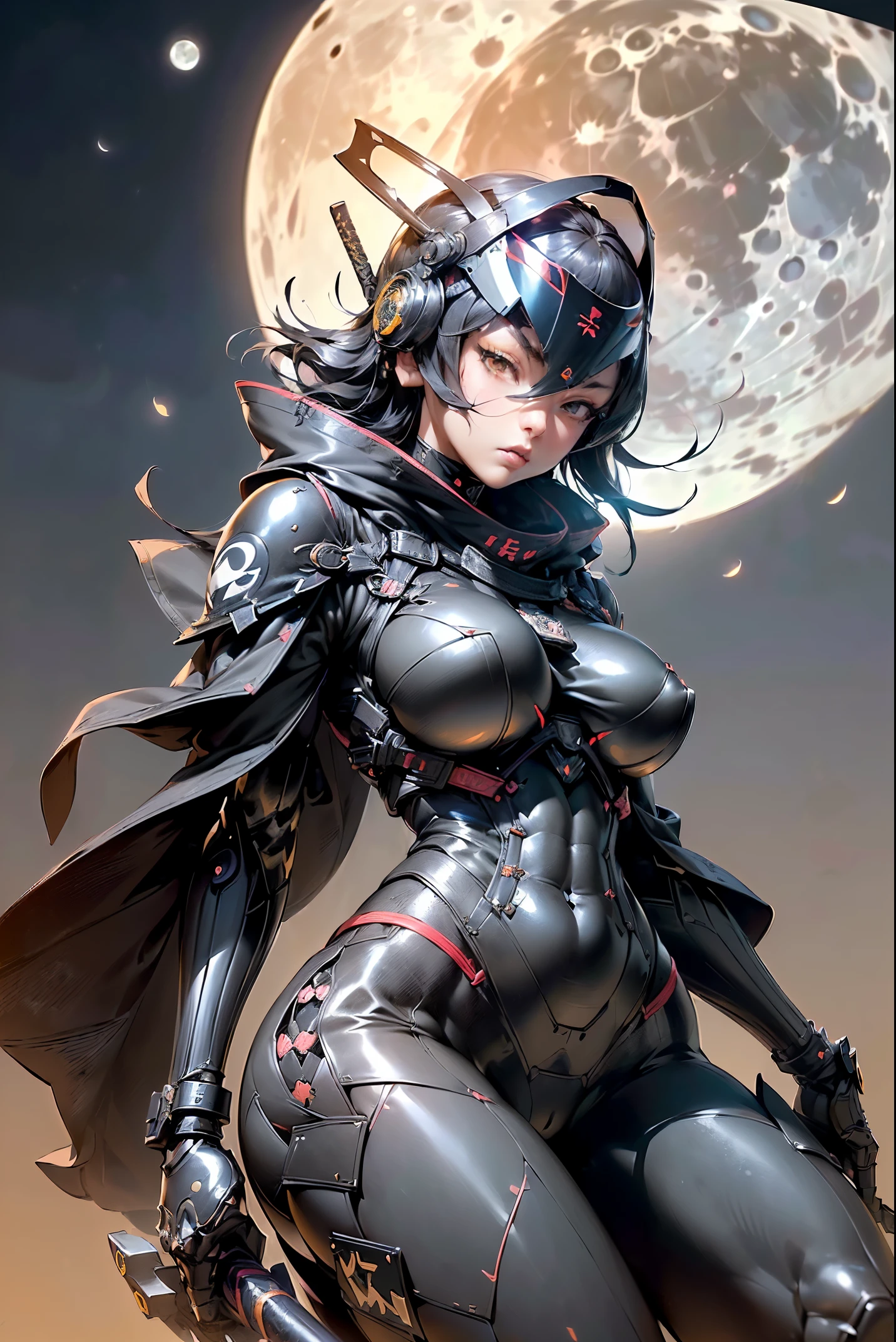 Woman Holding a Sword,Wearing samurai cyber armor,(1girl:1.5),(tactical helmet:1.4),(Black body:1.4),(sensually:1.3),(large full breasts:1.3),(long legged:1.1),(A detailed eye:1.4),(A detailed face:1.4),(Detailed weapons:1.3),(Detailed body:1.3),(full bodyesbian:1.5),(The background is the moon:1.5),逼真,(masutepiece,Extremely detailed, Heavy mechs, hard surface)