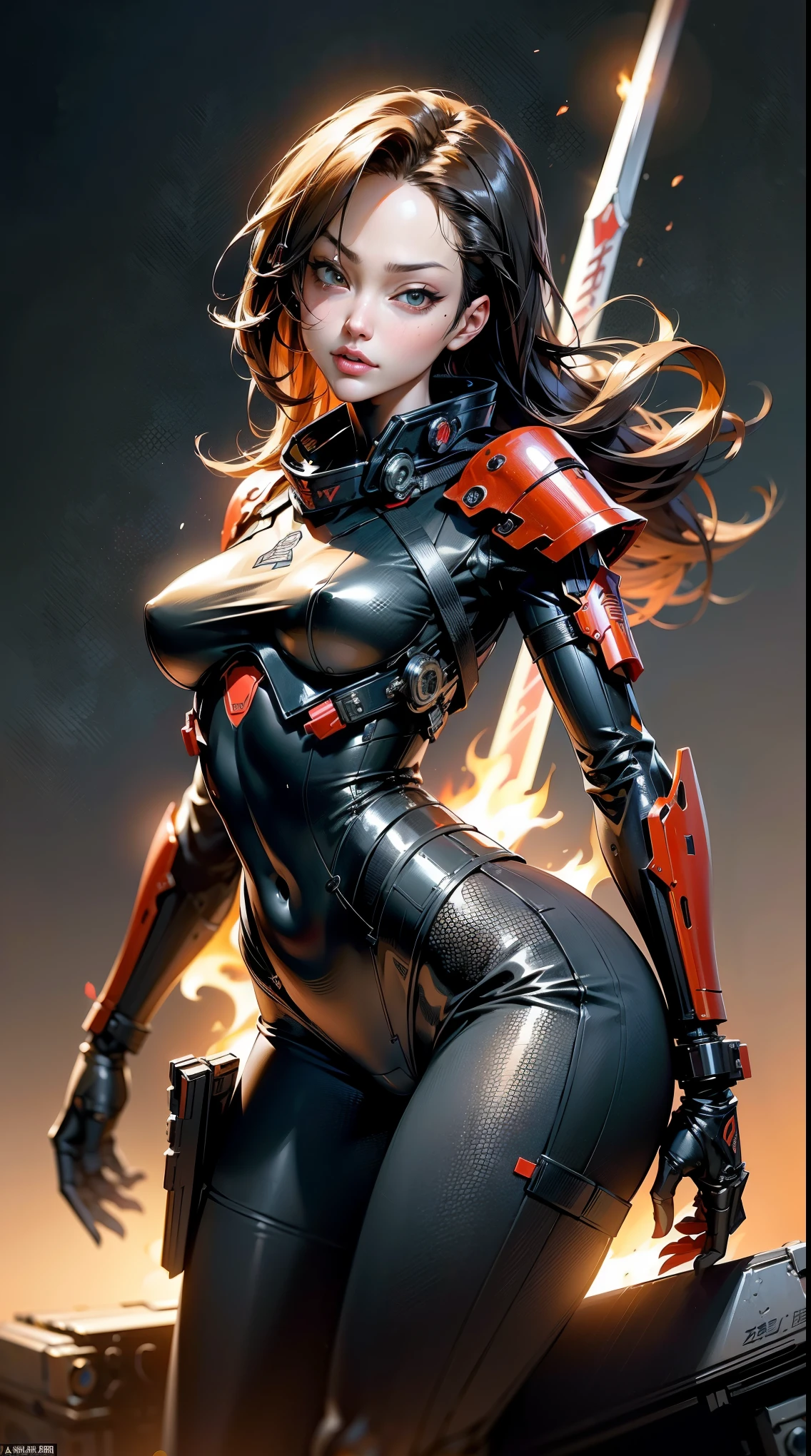 (masutepiece,Extremely detailed, Heavy mechs, hard surface),(Concept art:1.1),(Gundam Style:0.8), Angelina Jolie wears samurai robot armor and is equipped with a sword,(tactical full face samurai helmet),(Red body:1.1),(sensually:1.4),(long legged:1.1),(A detailed eye:1.3),(A detailed face:1.3),(Detailed weapons:1.3),(Detailed body:1.3),(full bodyesbian:1.5),(The background is flames),逼真