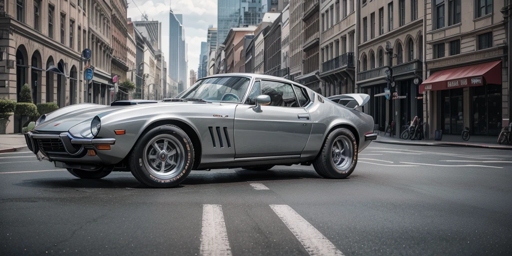 1970s style metallic-gray sports car parked in front of a large building, pexels contest winner, renaissance, automotive photography, vehicle photography, no watermarks, car commercial photograph, sportscar, shot on sony a 7 iii, full view of a sport car, 🤬 🤮 💕 🎀, car photography