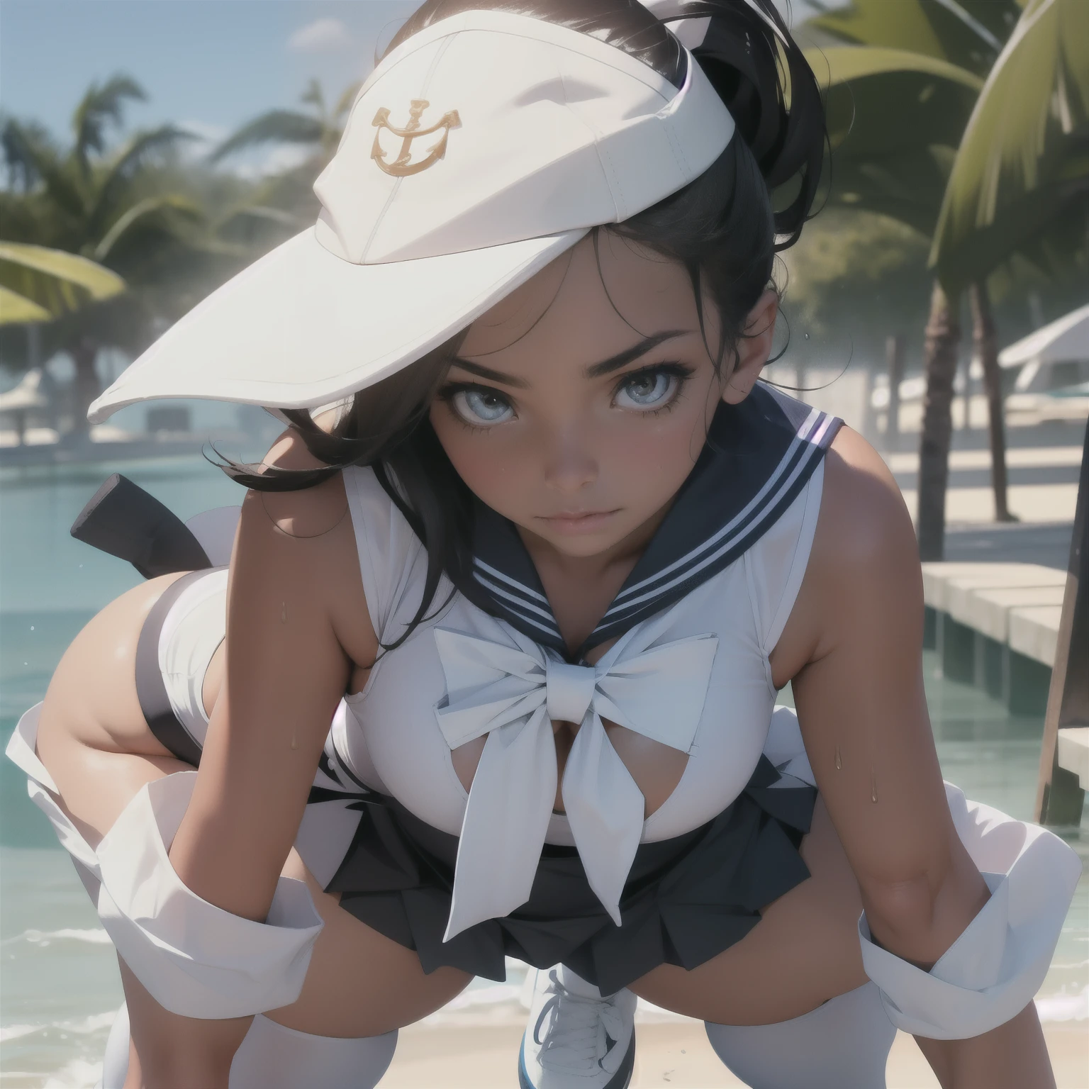 quality,busty figure,squatt,legs separated,Facing the lens,see-through sailor suit,cabelos preto e longos,White-colored skin,sweat leggs
