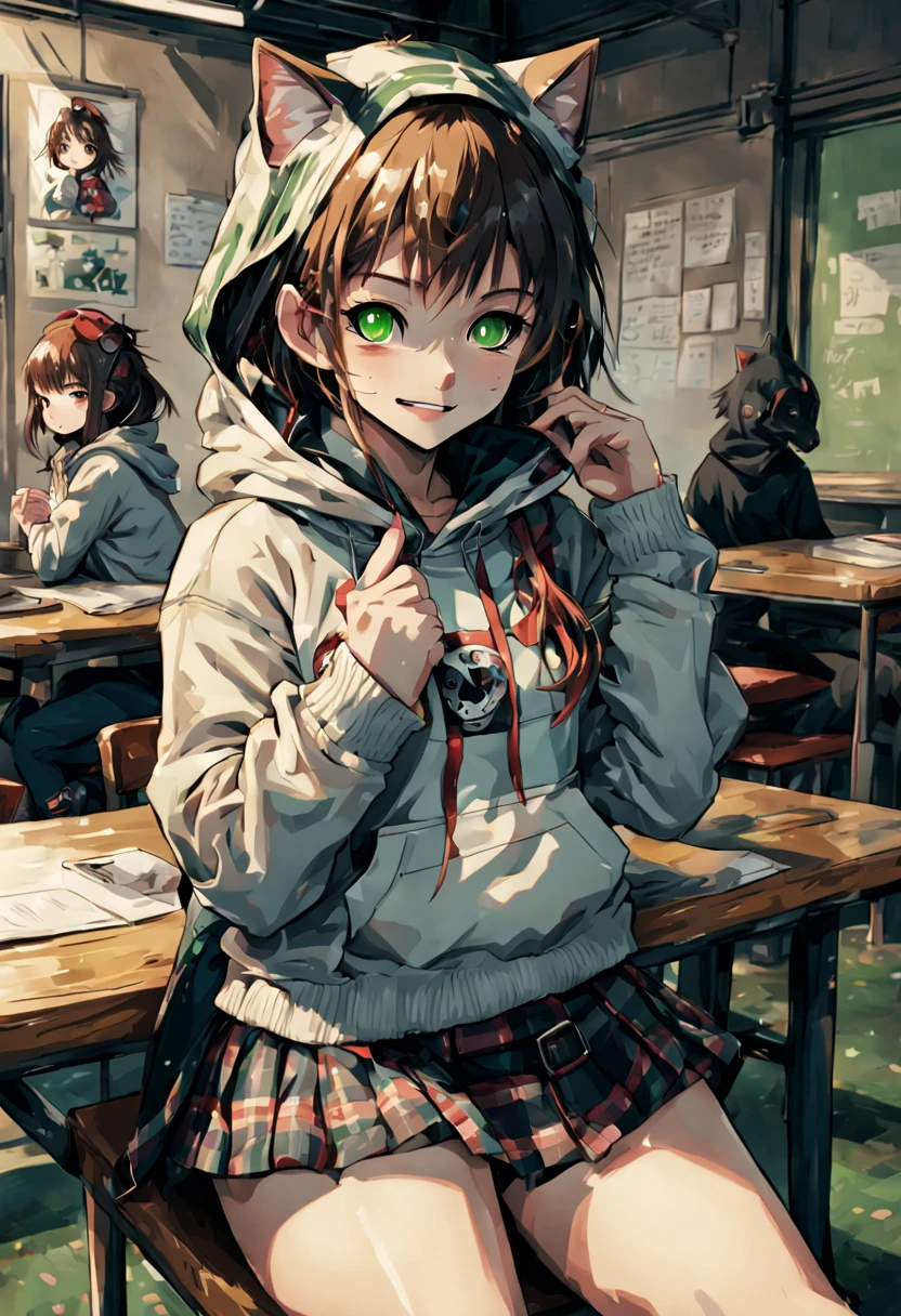 Anime Catgirl. Student, School, Friends, happy, talking, sitting on a table, legs crossed, hoodie, Streetwear, skirt, green eyes,