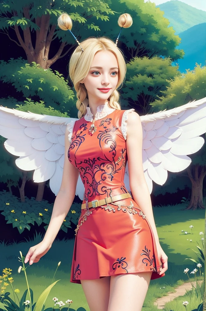 masterpiece, ((ultra detailed background, delicate pattern, intricate detail)), (highly detailed, fine detailest quality, beautiful lightinedium breasts, slim girl)), Conis, 1girl, solo, blonde hair, wings, twin braids, smile, dress, blue eyes, bun, complex detailed background, blue sky, grass, trees, nature environment, (cowboy shot),