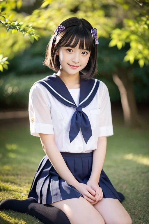 (((masterpiece))), (((Full body photo))), (One beautiful Japan girl, classmates, Innocence,kawaii) ,超A high resolution, Realistic, ultra-detailliert, 8K,top-quality, Extremely detailed, A slender,very beautiful japanese girl, (Detailed face:1.3), (Bery short hair,kawaii髪飾り,Pin your bangs,A dark-haired :1.4), (a ,kawaii系,adorable 14 year oPerfect body:1.1), (Neat sailor suit,Dark blue pleated mini skirt、Dark blue high socks、Dark blue scarf,lowfers), Sitting on the lawn in the park,I'm smiling as hard as I can,Show your beautiful teeth,Focus on the crotch,Panties are visible,Underwear is sheer,rosy cheeks,Super Detailed Face、Detailed lips、A detailed eye、small gravure idol,Transparent skin、Lori,japanese hight school uniform,Shade,Under a big tree,电影灯光,Lean forward