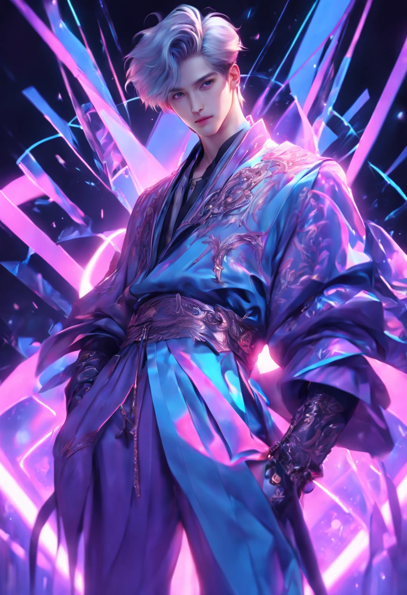 rotated, (((Handsome young man))), looking straight at camera, Fantasy clothing, Idol style, bts style, Young face, face of a man about 16 years old, single sidelock, neon lighting, there is a place for an inscription, ((Smooth face))