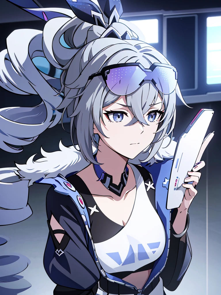 sliver wolf /(honkai:star rail/), grey hair(drill ponytail), fur trim jacket, sunglasses (piercing gaze)(cold expression), beautiful face, beautiful eyes, ultra hd, high resolution, best quality, 8k, top quality, Anime character, game character, girls, video game, silver wolf, honkaistarrail