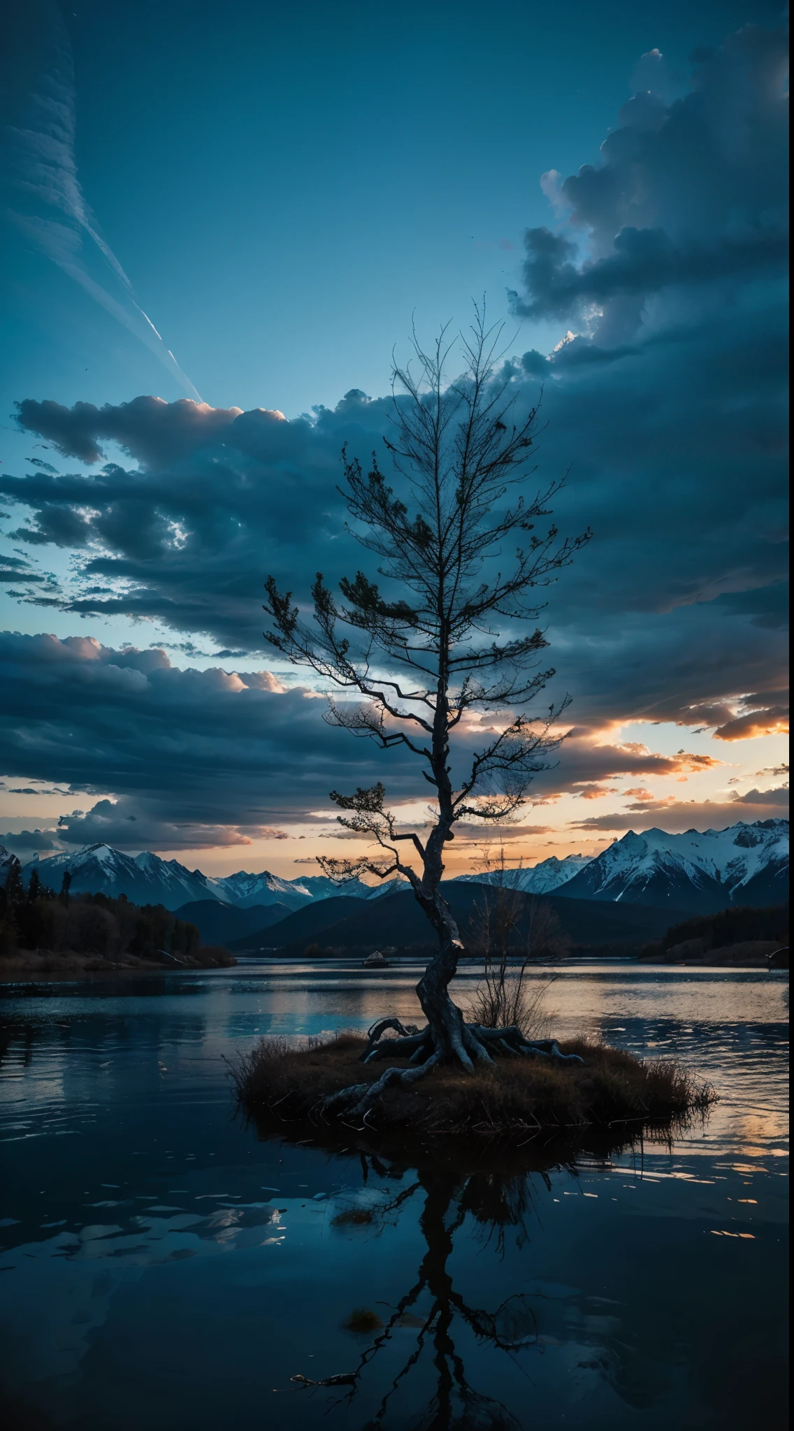 an old twisted tree with thousands of branches. this tree stands in the middle of a vast lake surrounded by tall snowy mountains. cinematic, epic. vibrant. blue, indigo, neon.