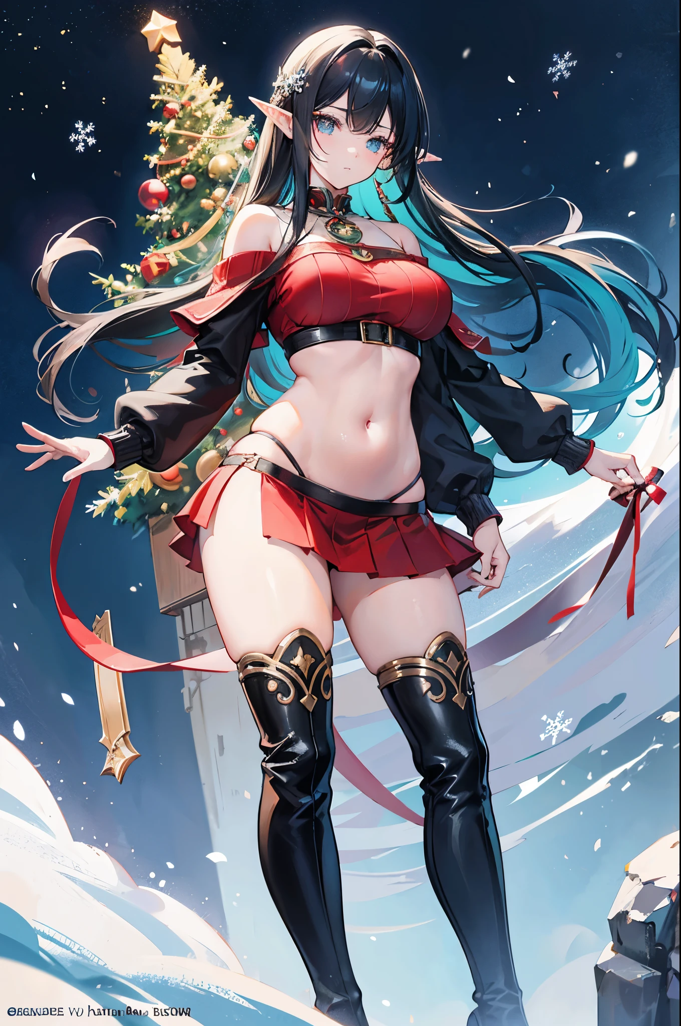 detailed image, realistic image, 1 elf. She has long black hair with some red locks, large turquoise eyes and a delicate oval face, medium breasts and a curvy figure. She wears a Christmas off-shoulder sweater, Christmas pleated miniskirt, thin thong, mid-thigh high boots. Gift box. Snowflakes. Full body view. Black background, uniform background. Ambient light. Volumetric light