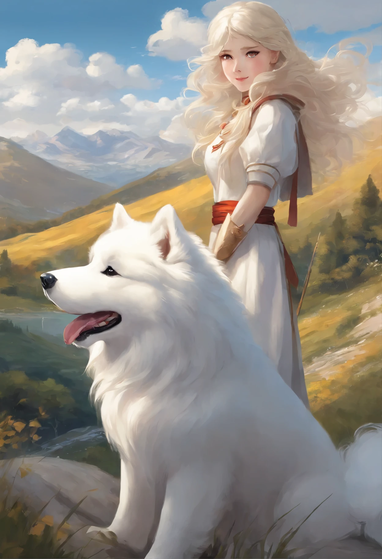 Close-up of a Samoyed dog with a girl looking at the mountains and clouds,  Color (white fluffy) runs a race with the clouds, собака породы  самоед runs a race with the clouds, fluffy clouds, casimir art, illustration of shigenori soejima, boris valejo. Smiling Samoyed, Detailed drawing of an anime character, подробный anime key figure, Granblue Fantasy, Beautiful black Russian terrier in demon slayer art, Taisho Roman, A clear portrait of an RPG, Masamune Shiro, anime key figure