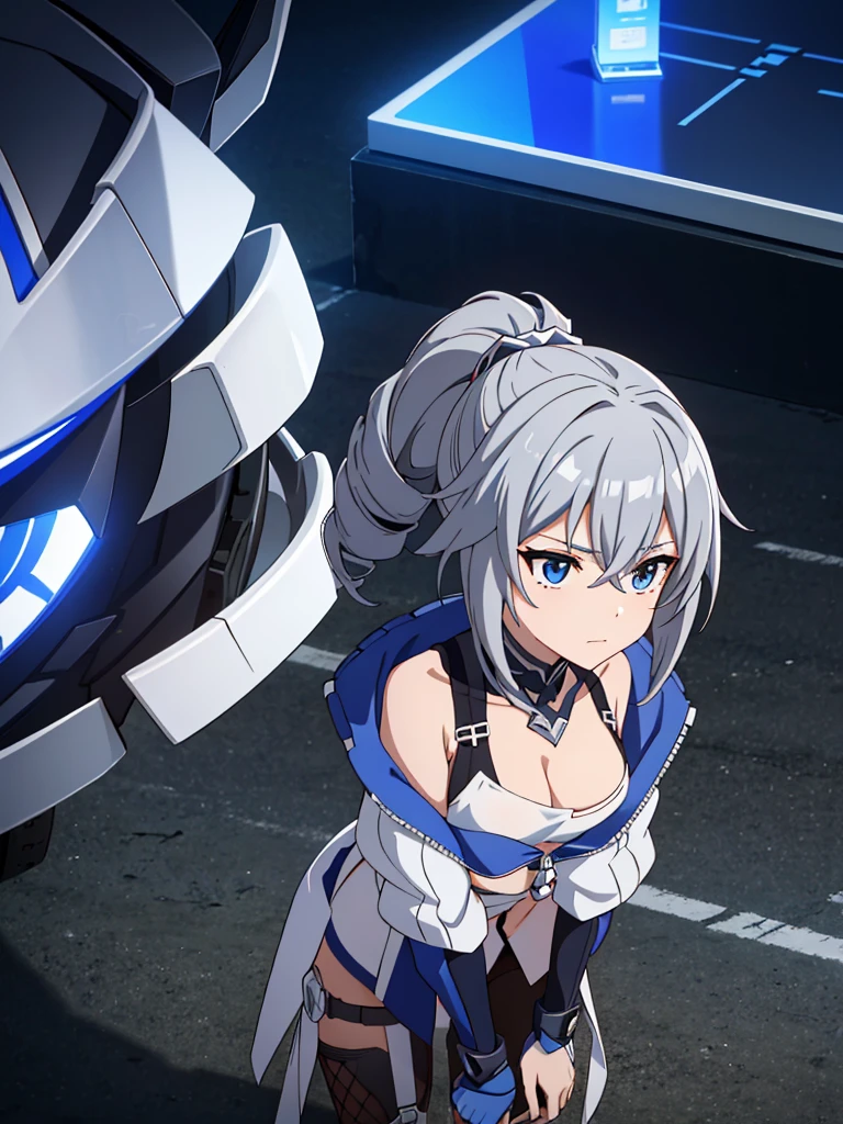 sliver wolf /(honkai:star rail/), grey hair(drill ponytail), fur trim jacket, sunglasses (piercing gaze)(cold expression), beautiful face, beautiful eyes, ultra hd, high resolution, best quality, 8k, top quality, Anime character, game character, girls, video game, silver wolf, honkaistarrail