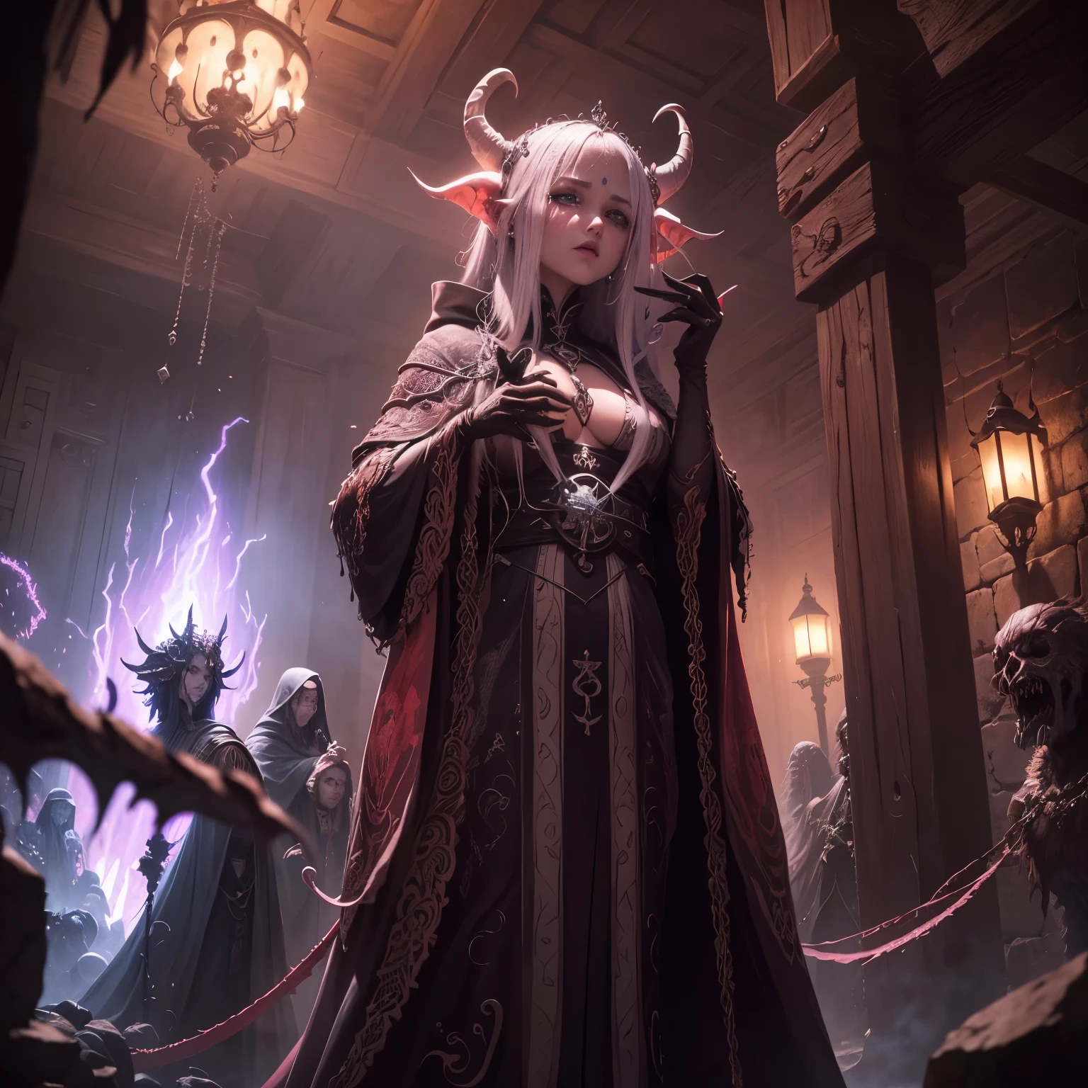 Uma criatura, entidade, caos nuclear, Azathoth. Deusa Cega, ensanguentadas cobrindo seus ((3 olhos)), cabelos brancos, boca coberta por correntes, white kimono with blood petals, demonio, bestial skull, correntes ensanguentadas, preso, ossos Behemoth, manic eye aberration, membros suturados, tentacles, ossos, dentes, presas afiadas, acorrentado, expression of insanity, loucura, dungeon dungeon environment, 8k, qualidade ultra HD.