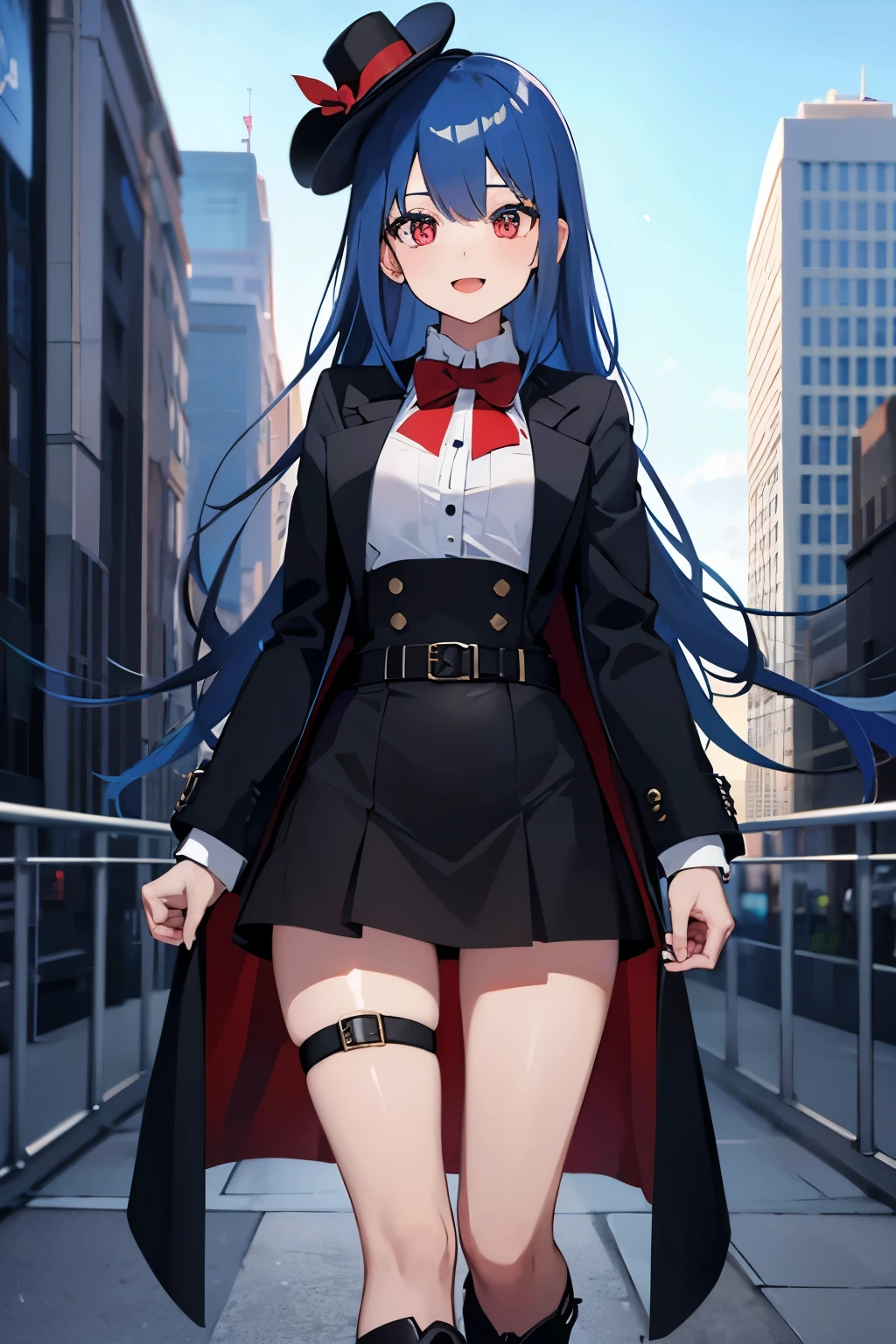1girl, blue_hair,boots,breasts,full_body,knee_boots,long_hair,long_sleeves,looking_at_viewer,open_mouth,red_eyes,smile,solo,thigh_strap,white shirt, suspender skirt, bow tie, coat, black coat, turquoise hair, thigh belt, skirt that goes up below the chest, tight skirt, building,city,city_lights,cityscape,scenery,sky,skyscraper, Fascinator hat