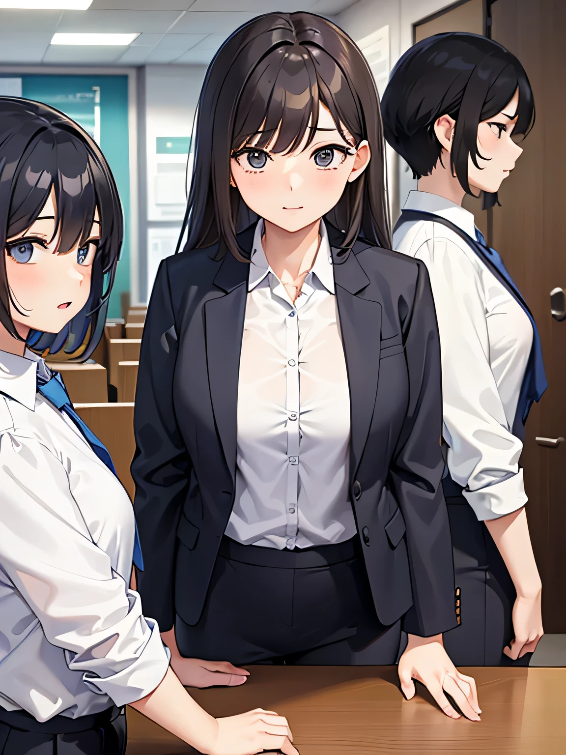 A man is surrounded by three office ladies.。One of the three women is a male senior.、One is a male colleague、One is a male junior.。The man is wearing a suit and looks nervous..。The location is the office。
