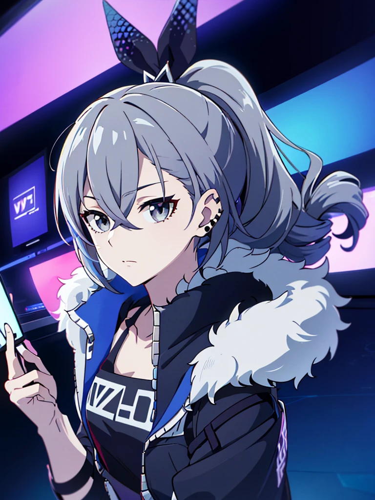 sliver wolf /(honkai:star rail/), grey hair(drill ponytail), fur trim jacket, sunglasses (piercing gaze)(cold expression), beautiful face, beautiful eyes, ultra hd, high resolution, best quality, 8k, top quality, Anime character, game character, girls, video game, silver wolf, honkaistarrail