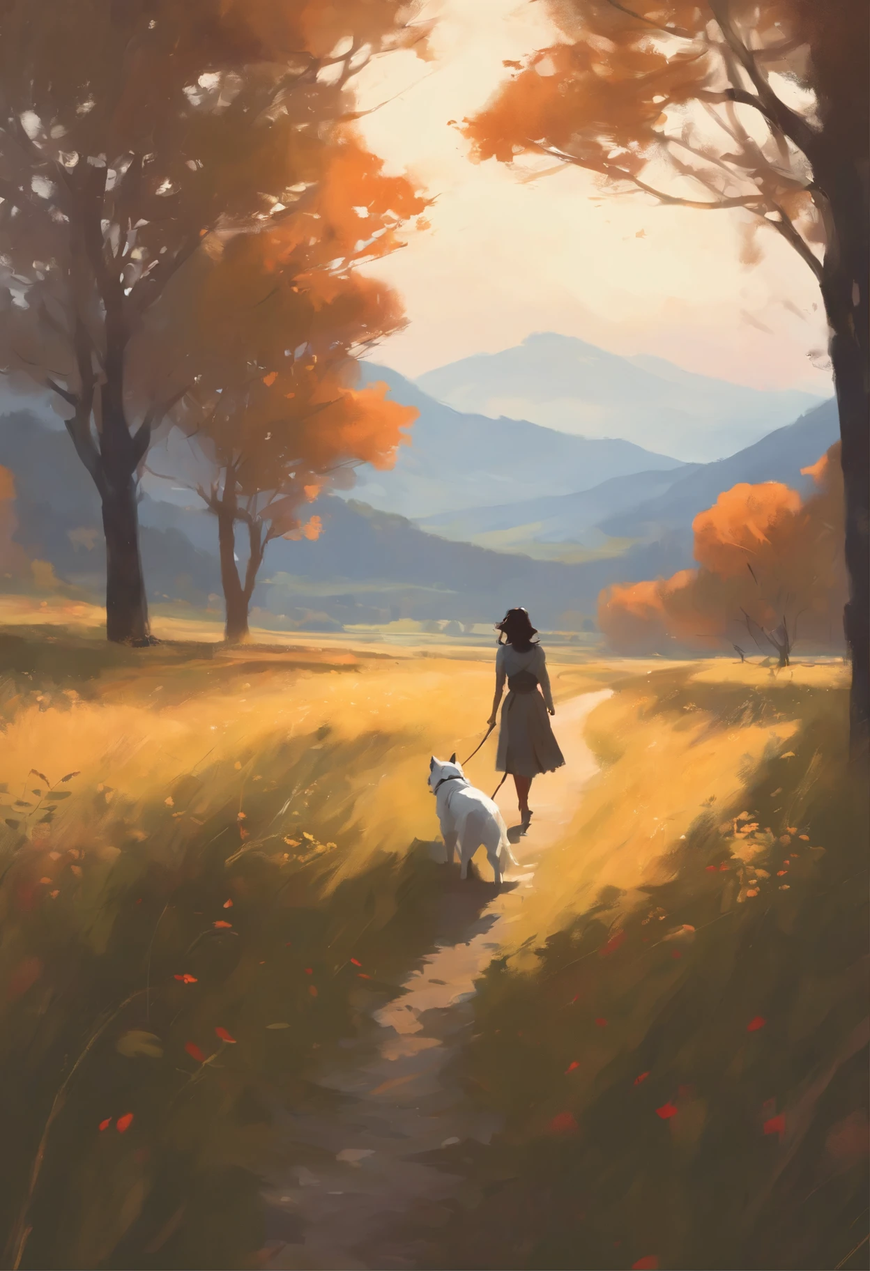 painting of a woman, walking a dog in a field against the backdrop of mountains, artgerm and atey ghailan, artwork in the style of guweiz, rob rey and kentarõ miura, Makoto Shinkai and Tom Bagshaw, Inspiration from Princess Mononoke, guweiz on pixiv artstation, guweiz