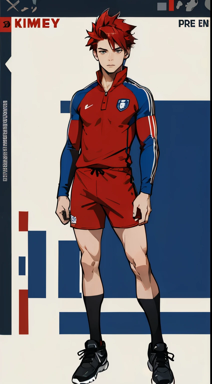((Red Soccer Uniform))、((male people))、((slim body))、((Full body portrait))、((long shorts))