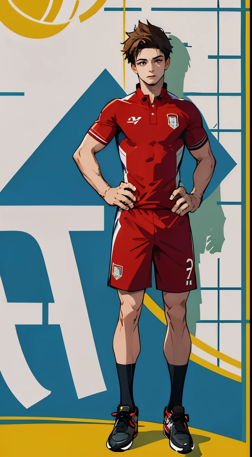 ((Red Soccer Uniform))、((male people))、((slim body))、((Full body portrait))、((long shorts))